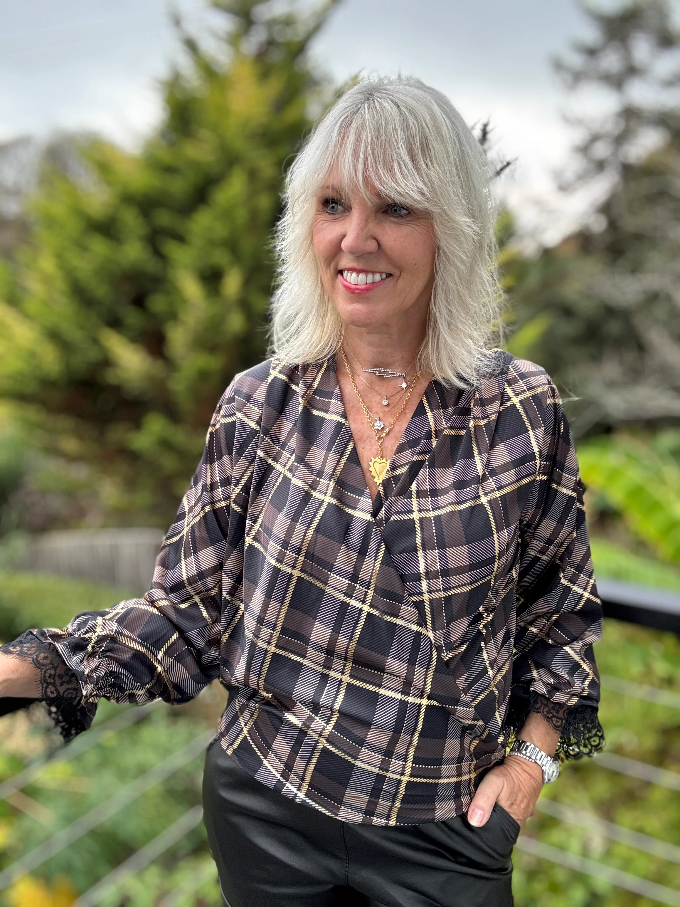 Silky Check Blouse in Chocolate & Black - Image 4