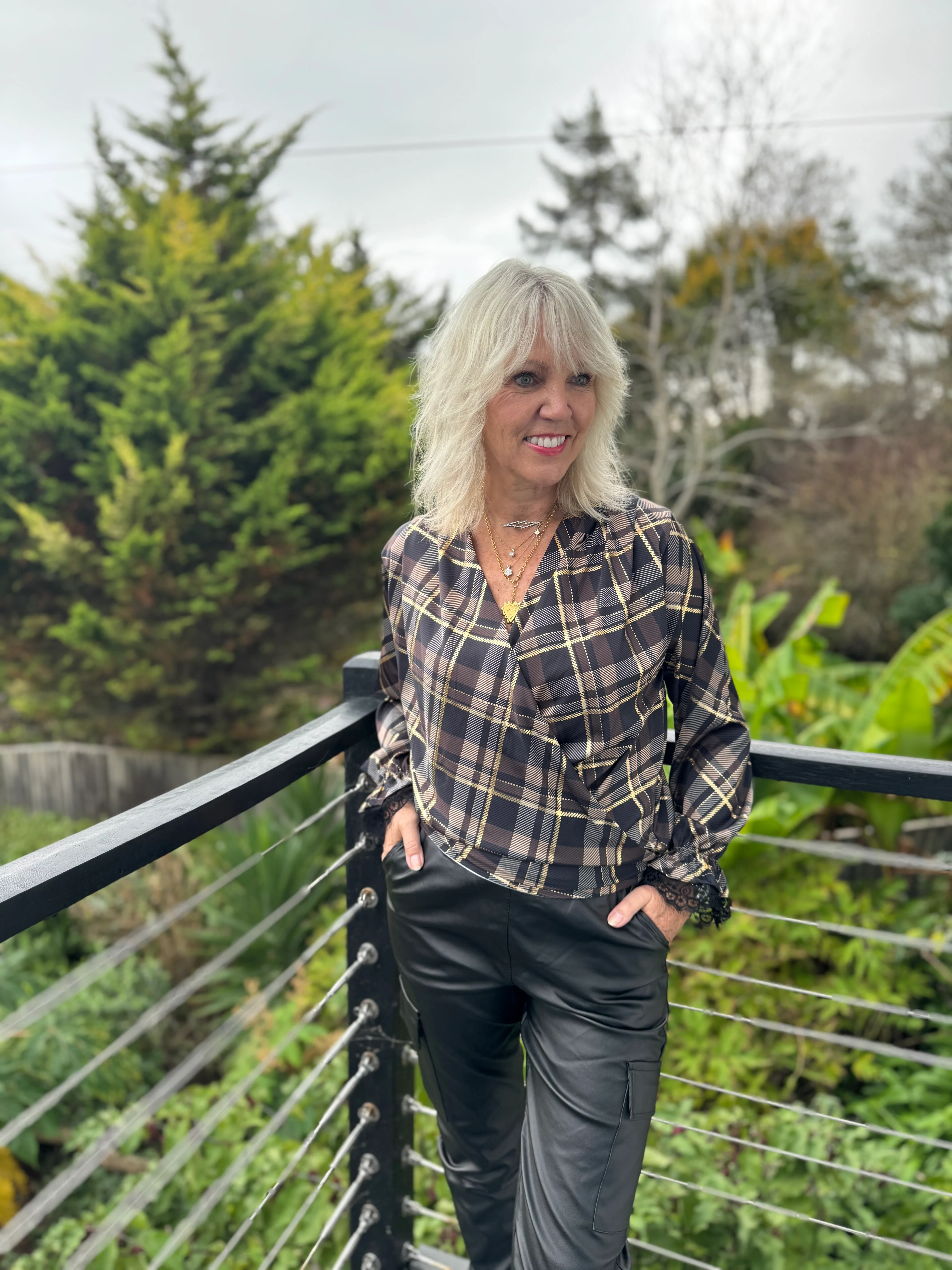 Silky Check Blouse in Chocolate & Black - Image 6