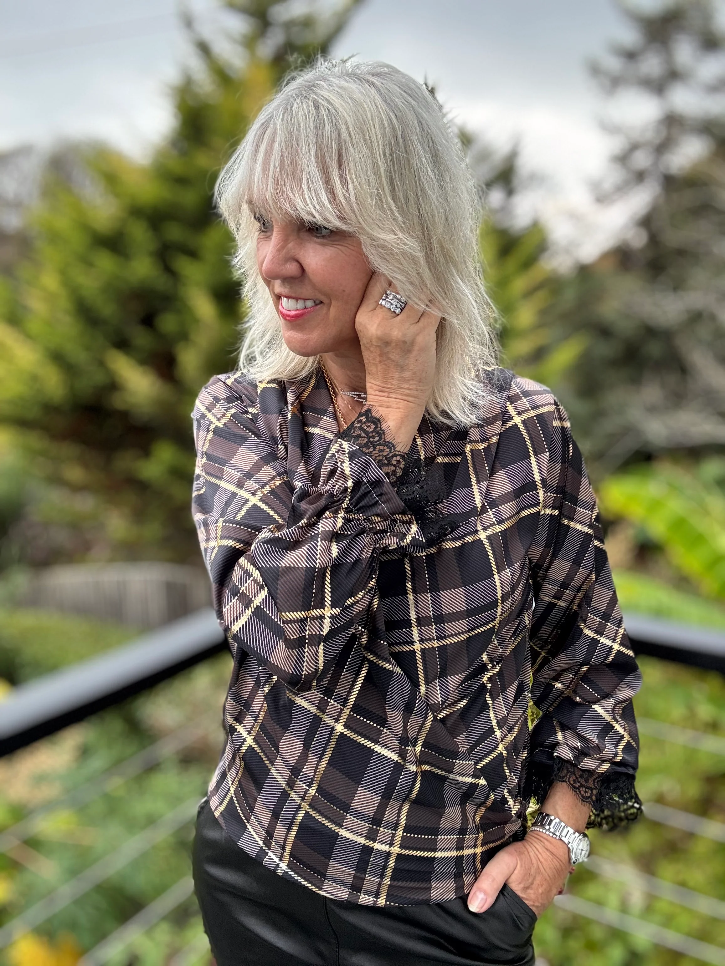 Silky Check Blouse in Chocolate & Black - Image 8