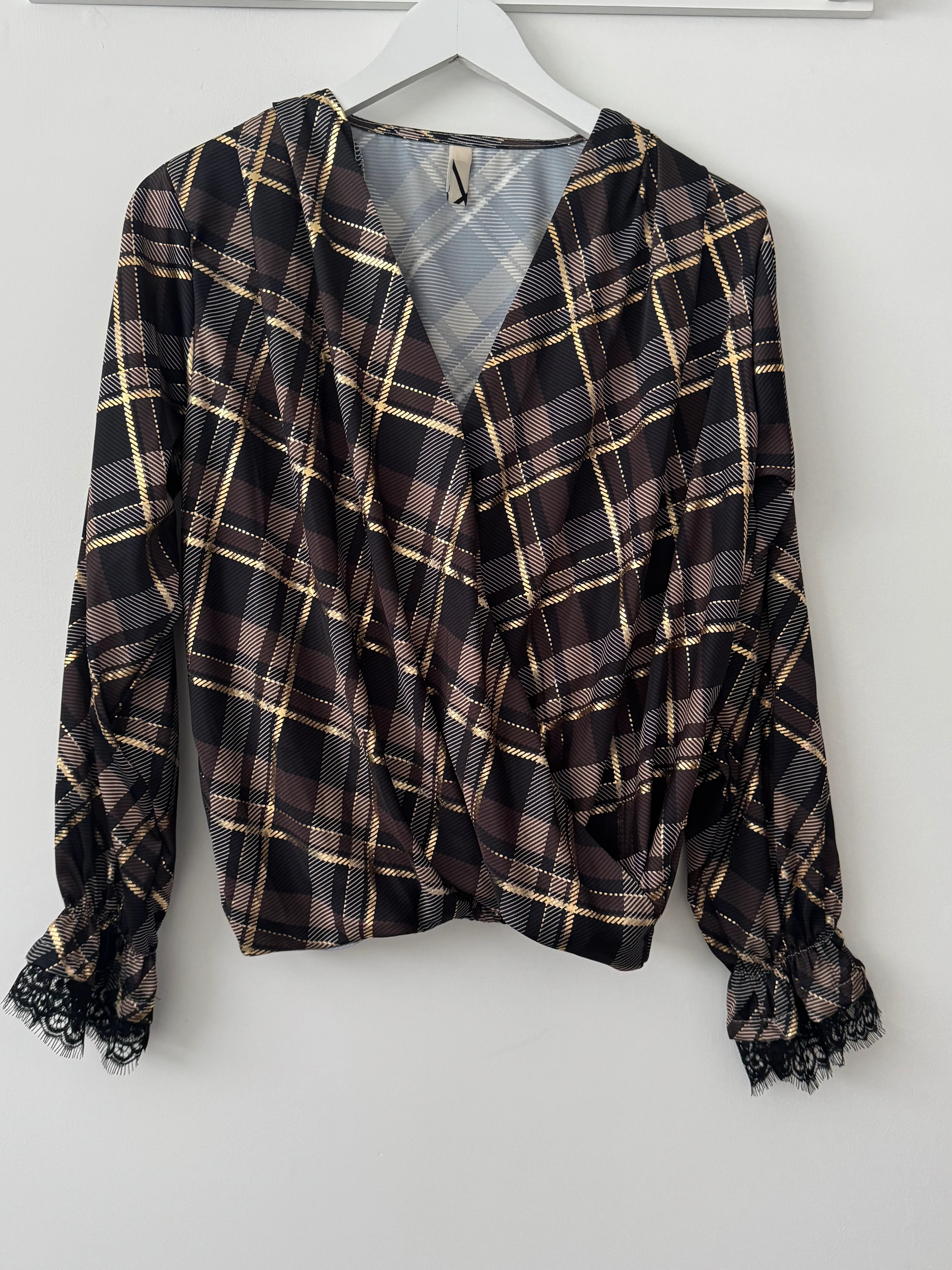 Silky Check Blouse in Chocolate & Black - Image 9