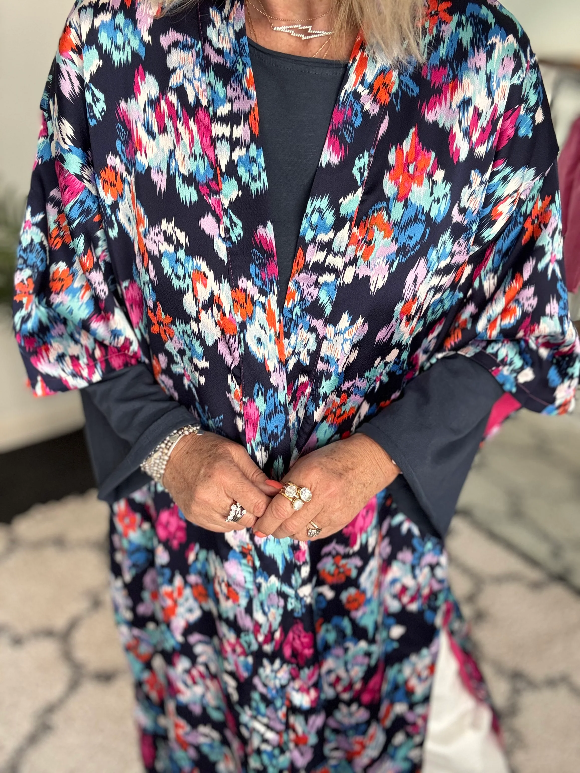 Silky Long Kimono in Blues & Pinks - Image 3