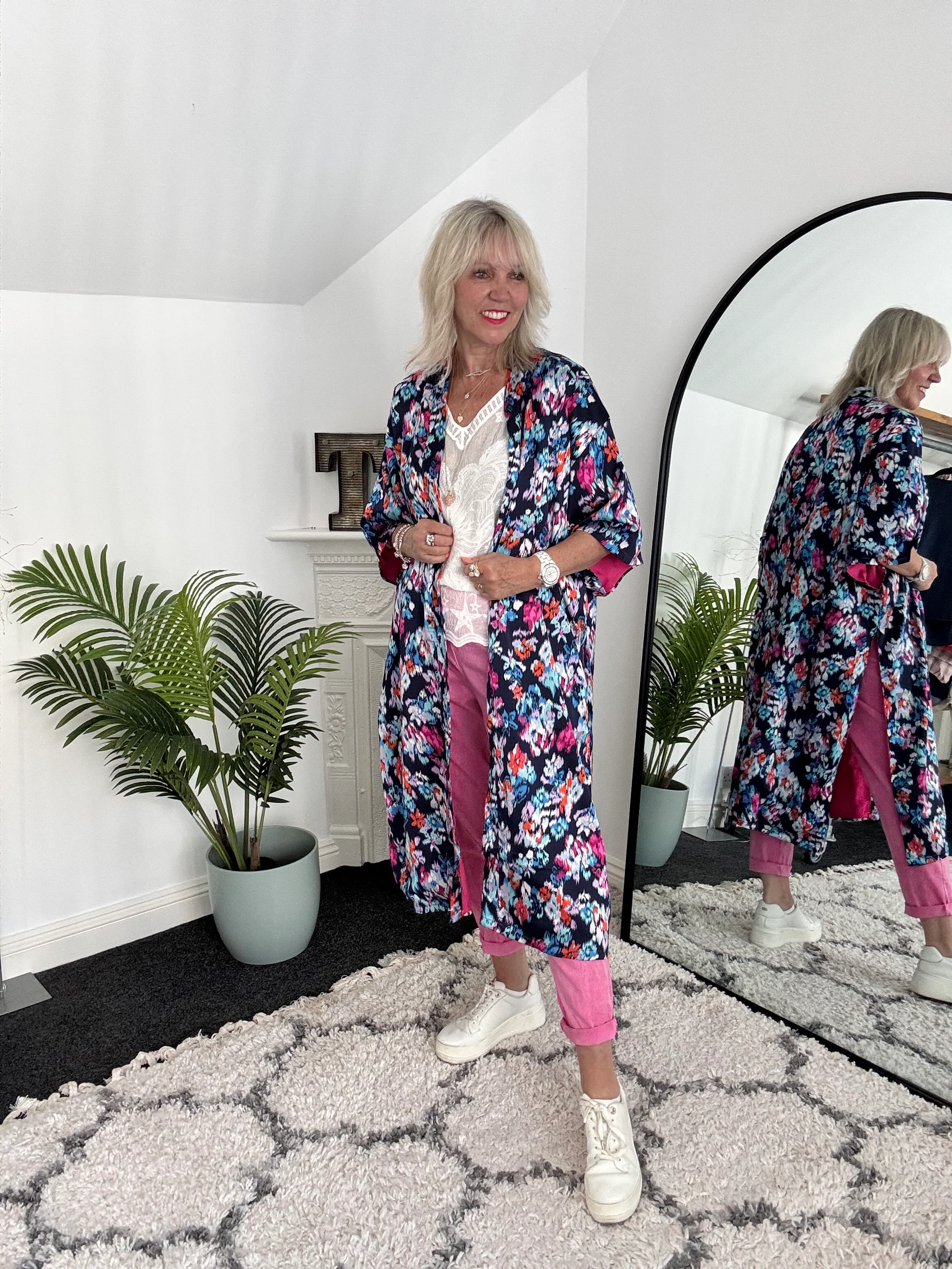 Silky Long Kimono in Blues & Pinks - Image 4