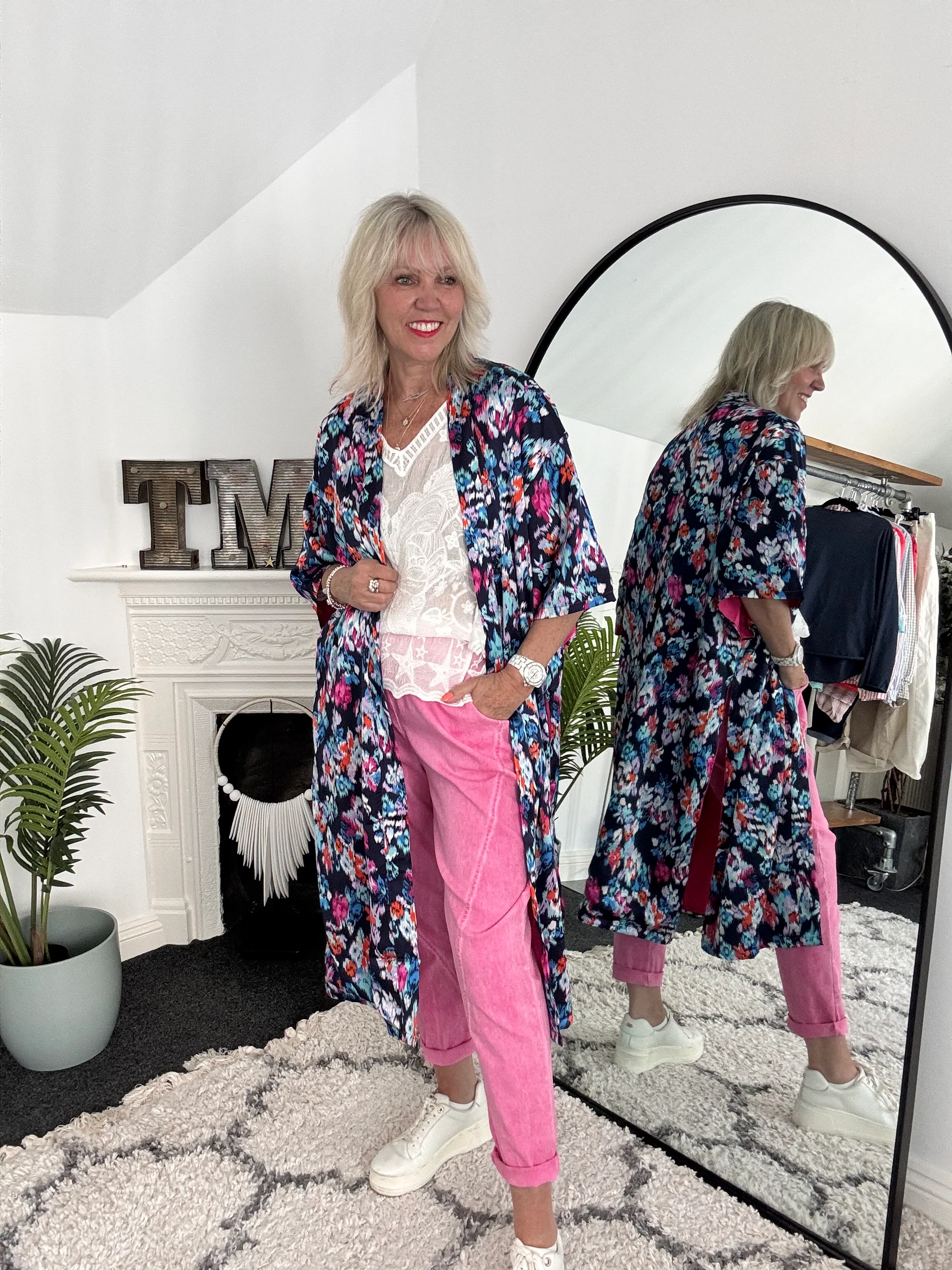 Silky Long Kimono in Blues & Pinks - Image 5