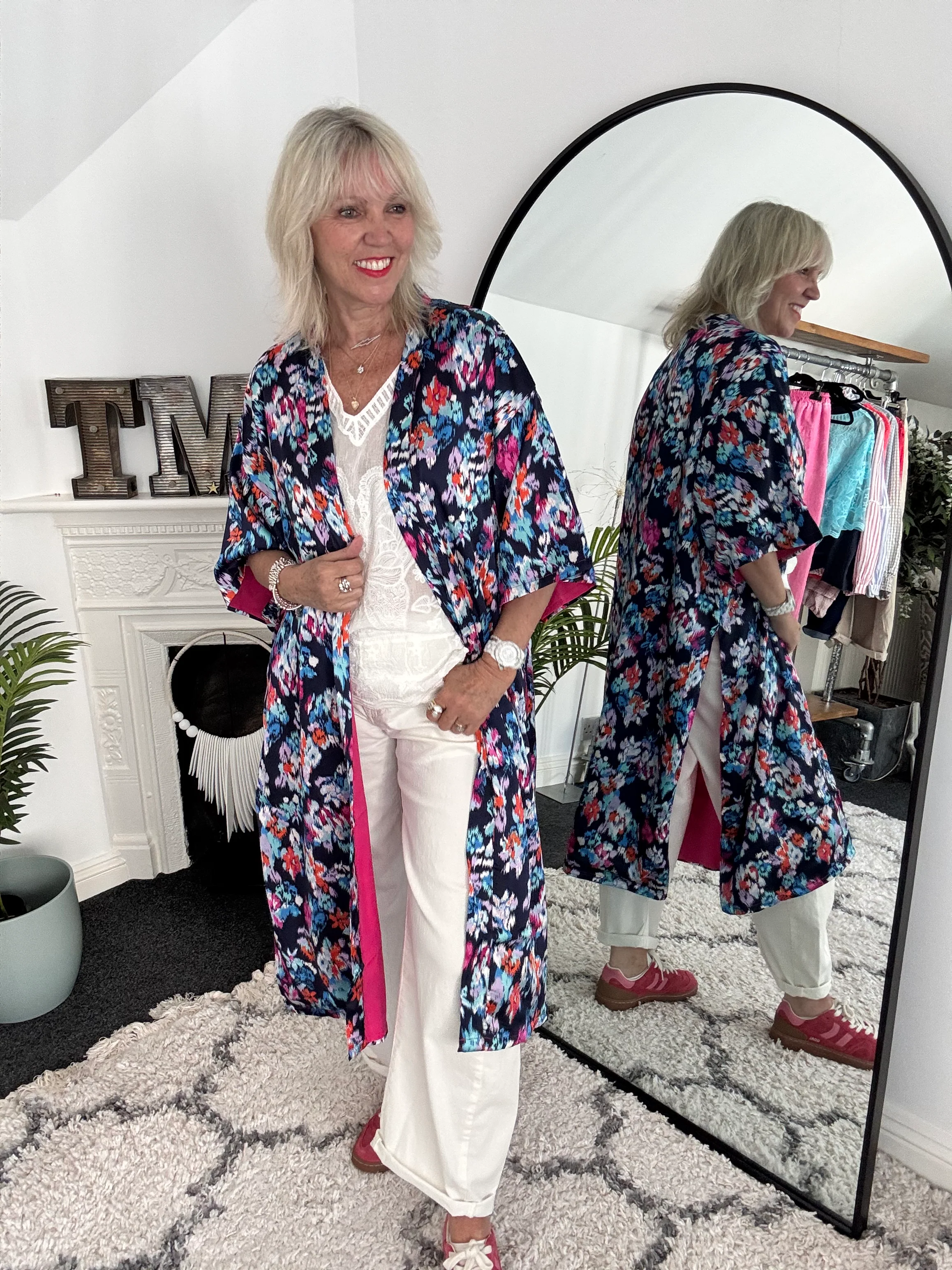 Silky Long Kimono in Blues & Pinks - Image 6