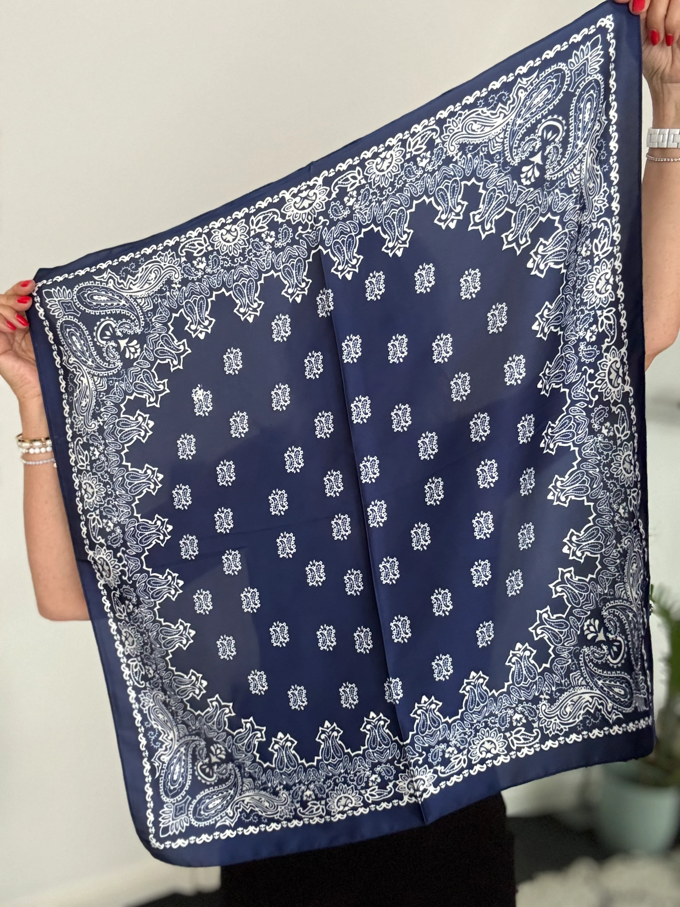 Silky Paisley Bandana Scarf in Navy - Image 7