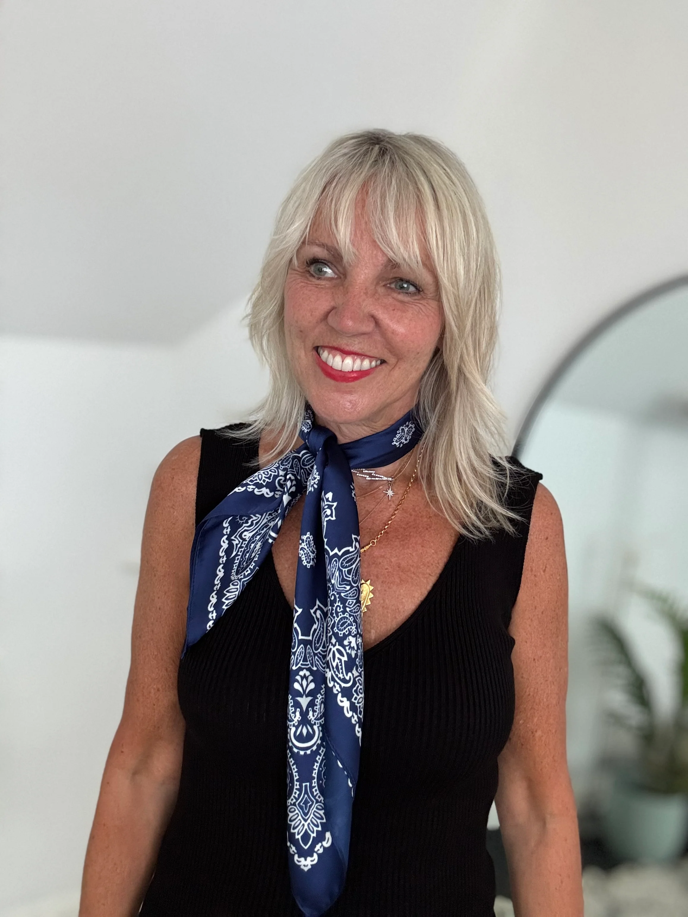 Silky Paisley Bandana Scarf in Navy - Image 8