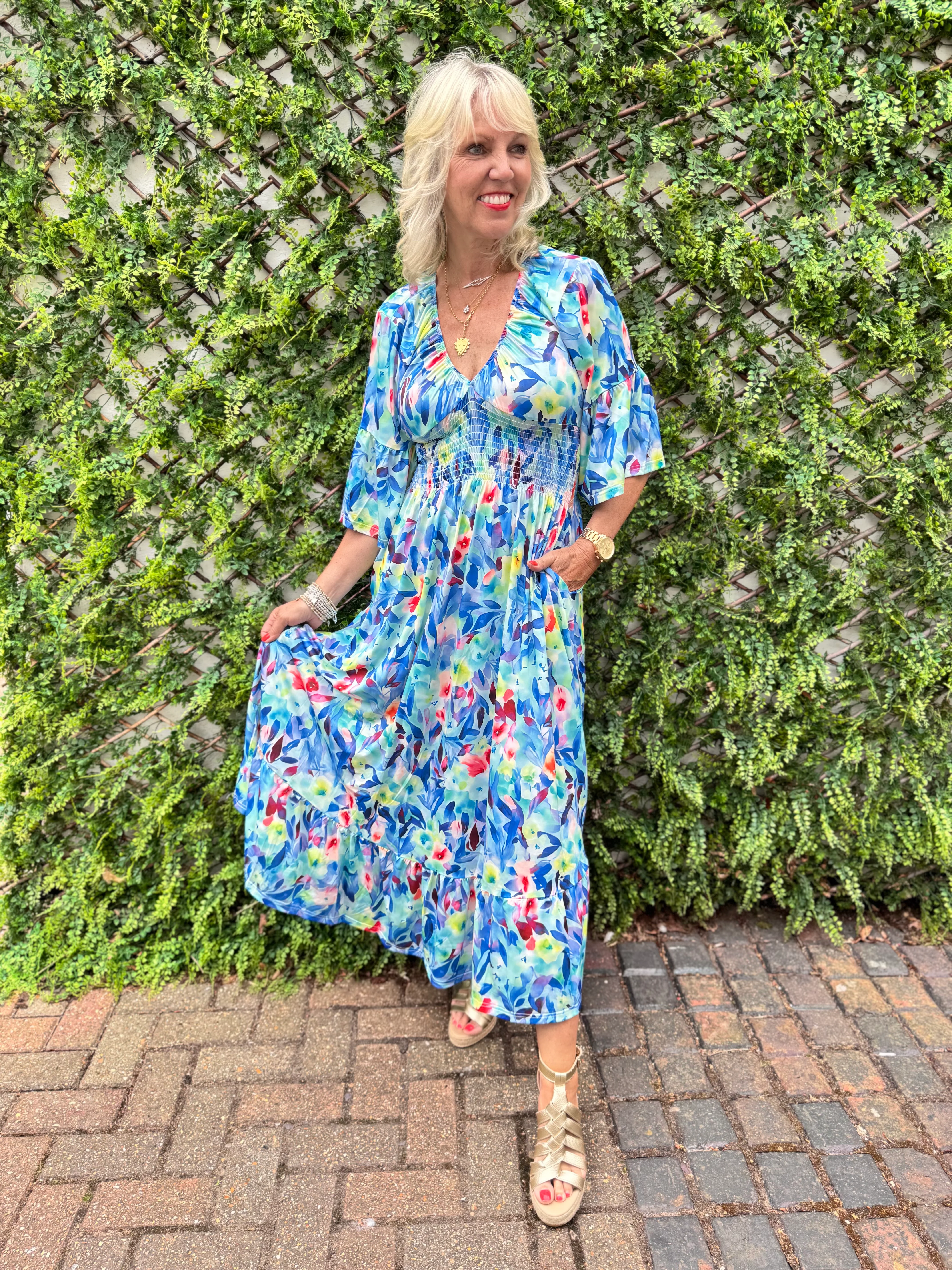Silky Stretch Dress in Blue & Pink