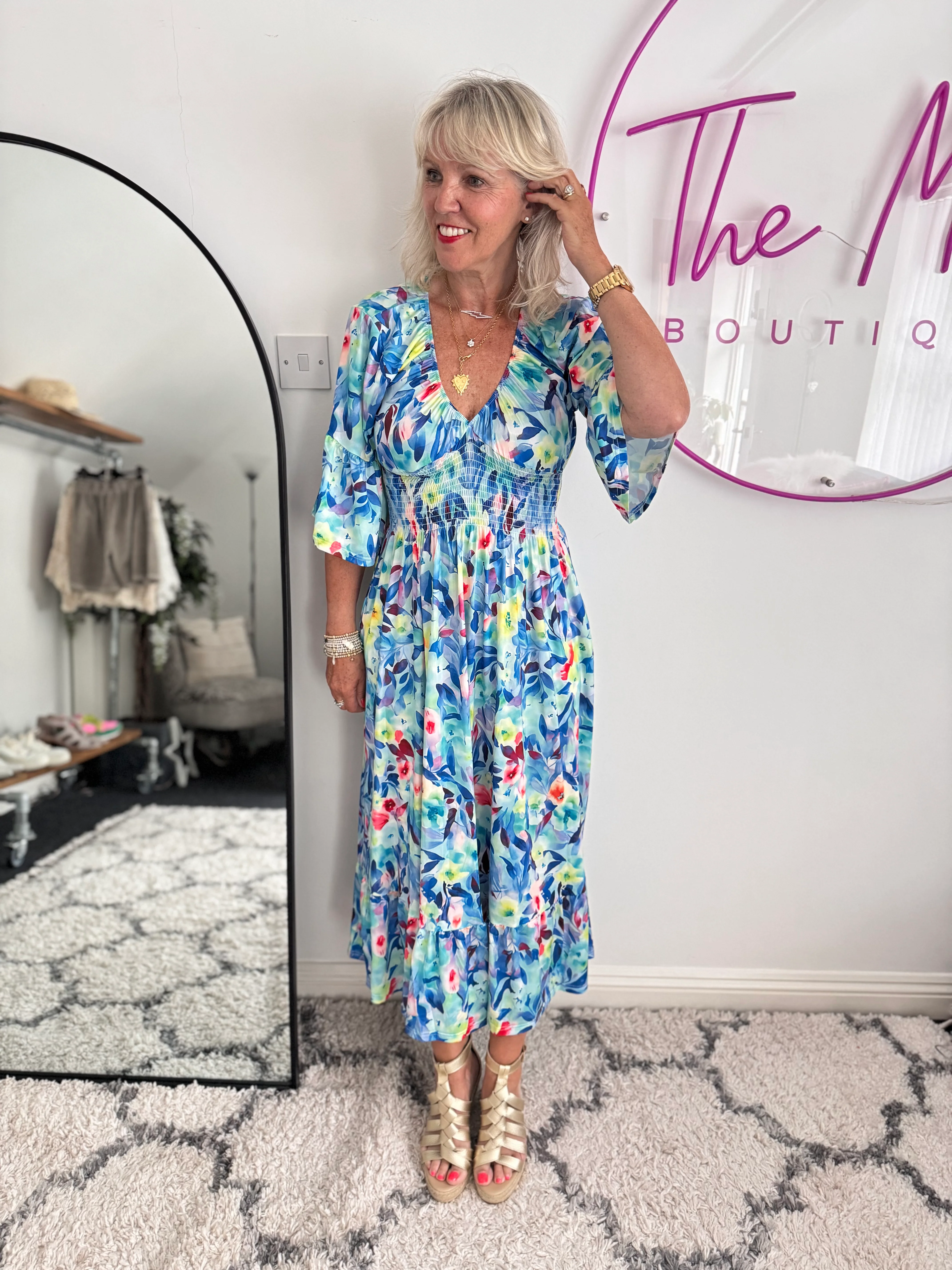 Silky Stretch Dress in Blue & Pink - Image 3