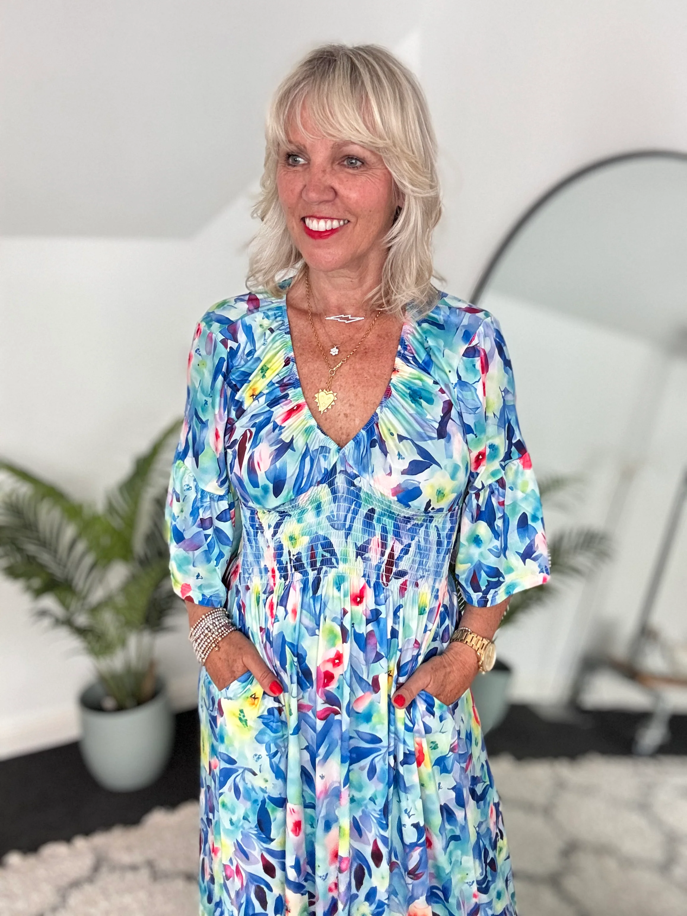 Silky Stretch Dress in Blue & Pink - Image 4