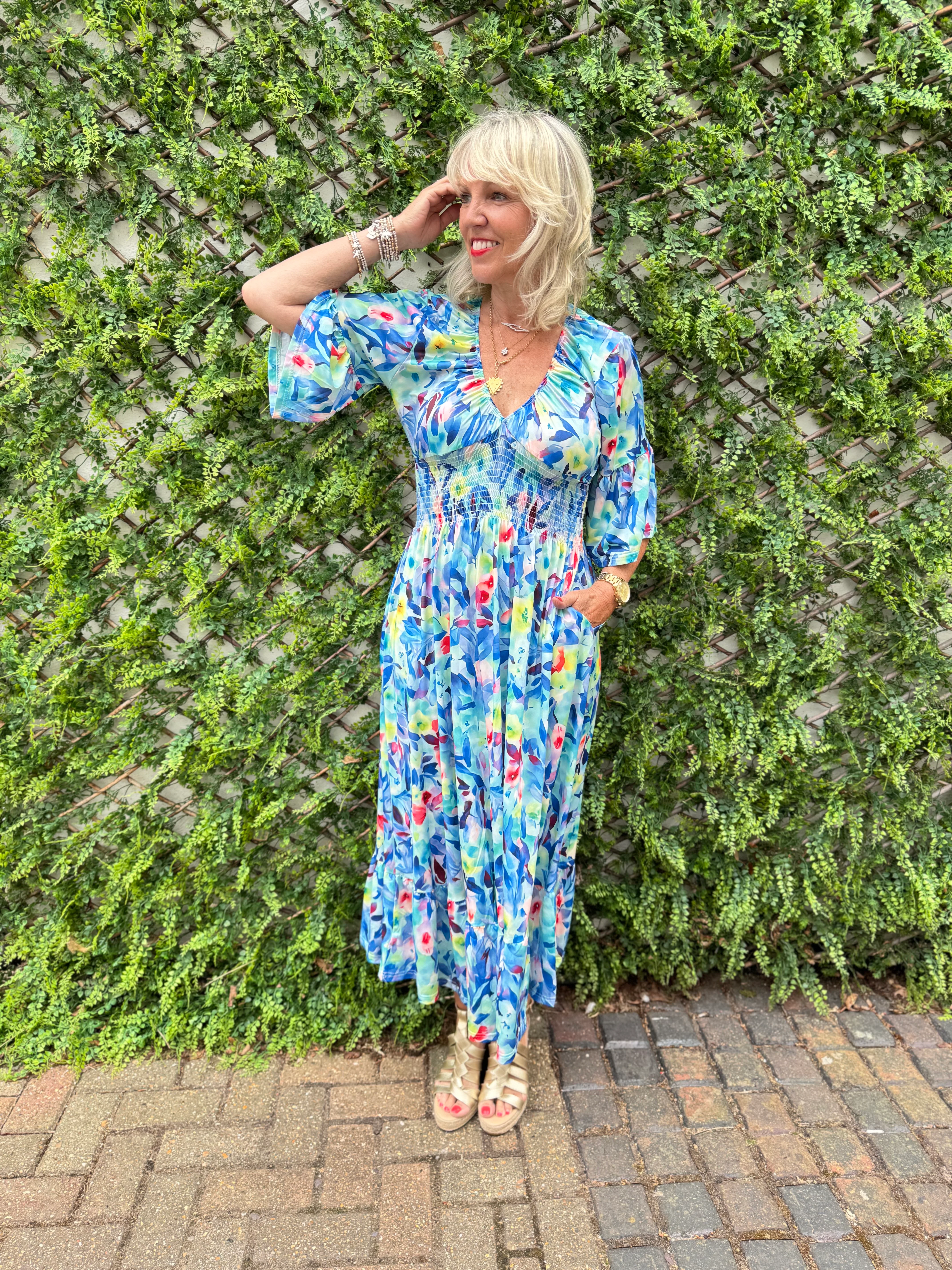 Silky Stretch Dress in Blue & Pink - Image 6