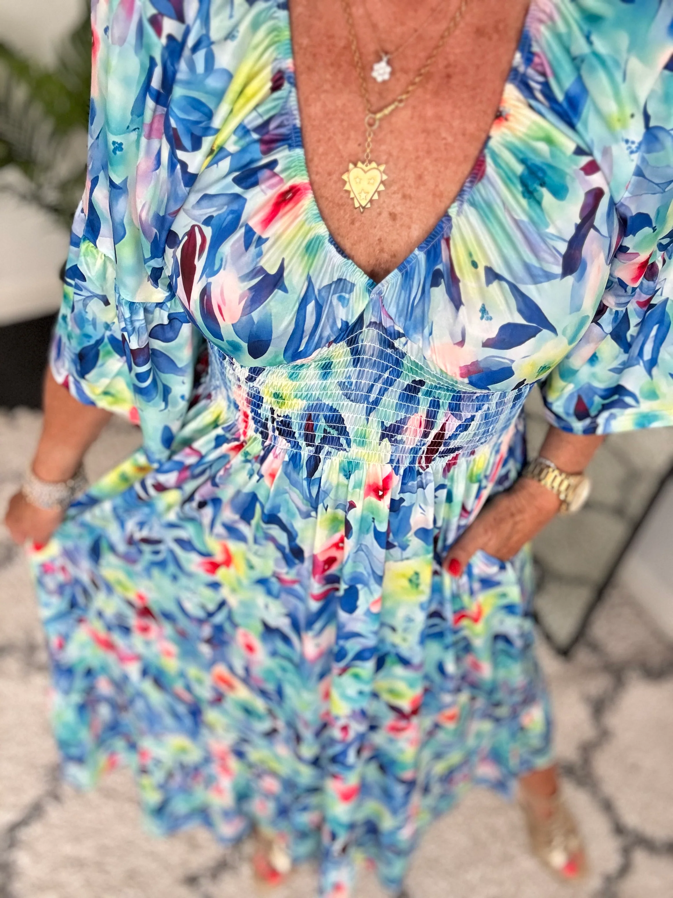 Silky Stretch Dress in Blue & Pink - Image 7