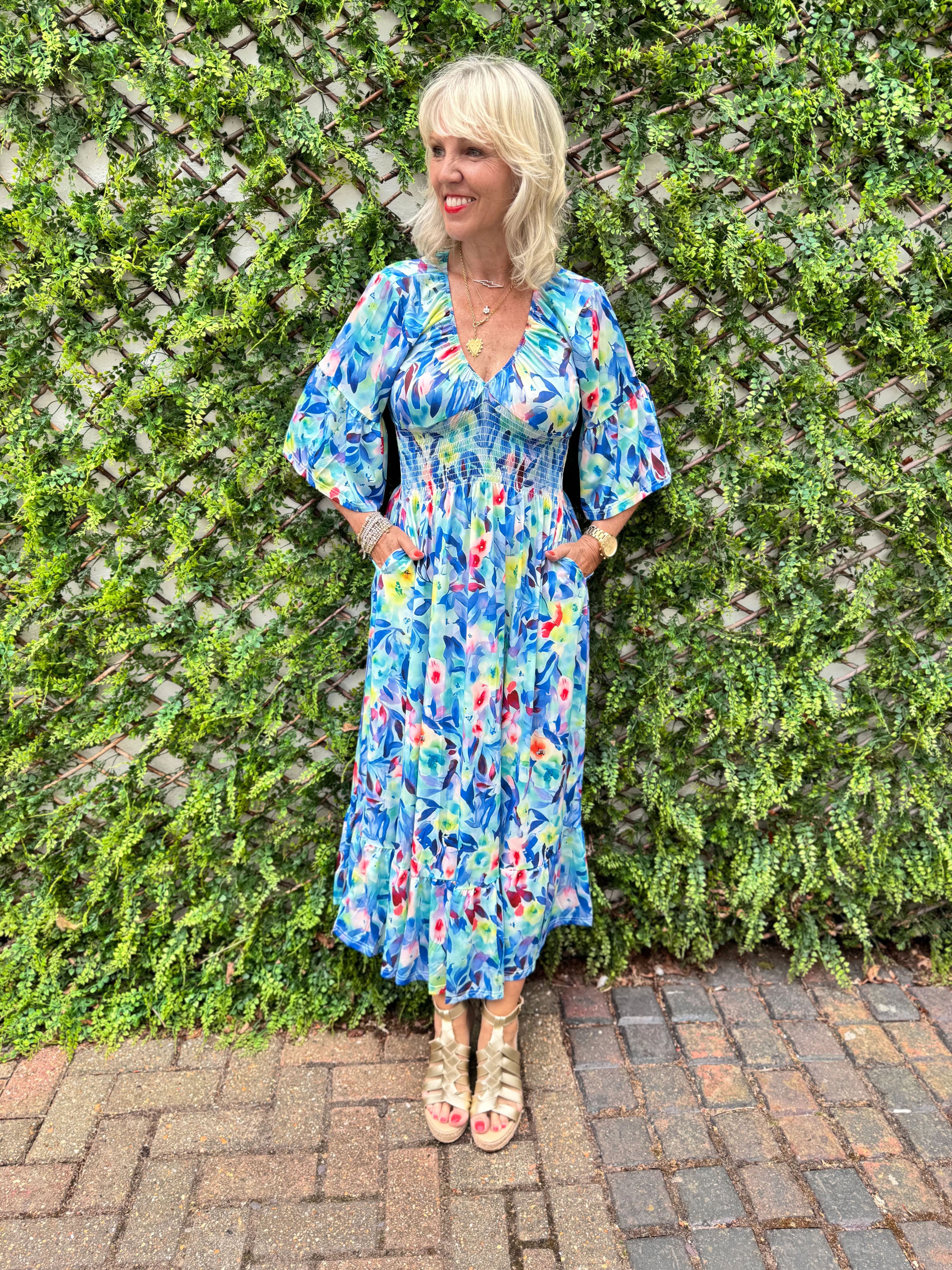 Silky Stretch Dress in Blue & Pink - Image 8