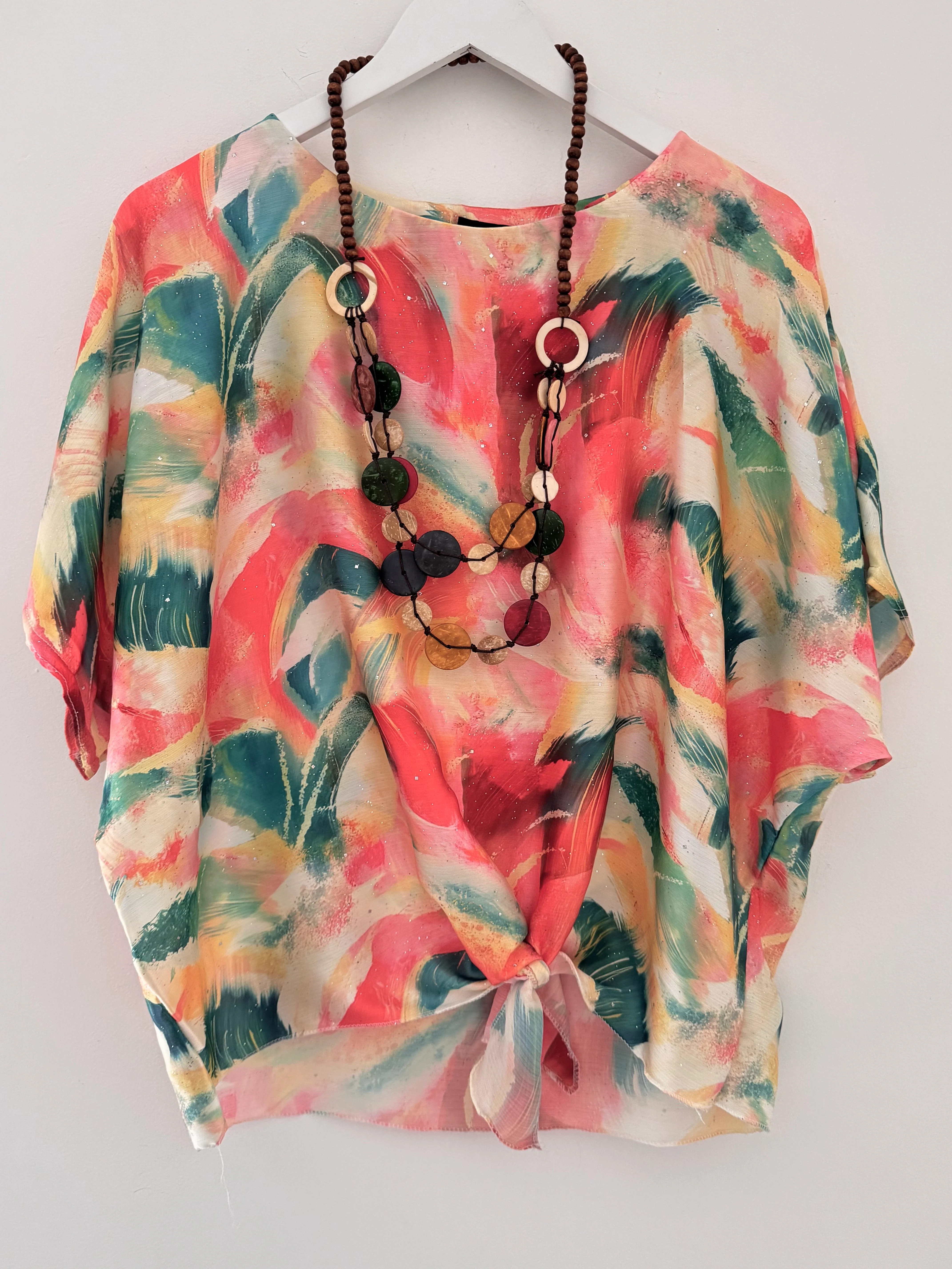 Silky Top with Necklace in Coral & Green - Image 6