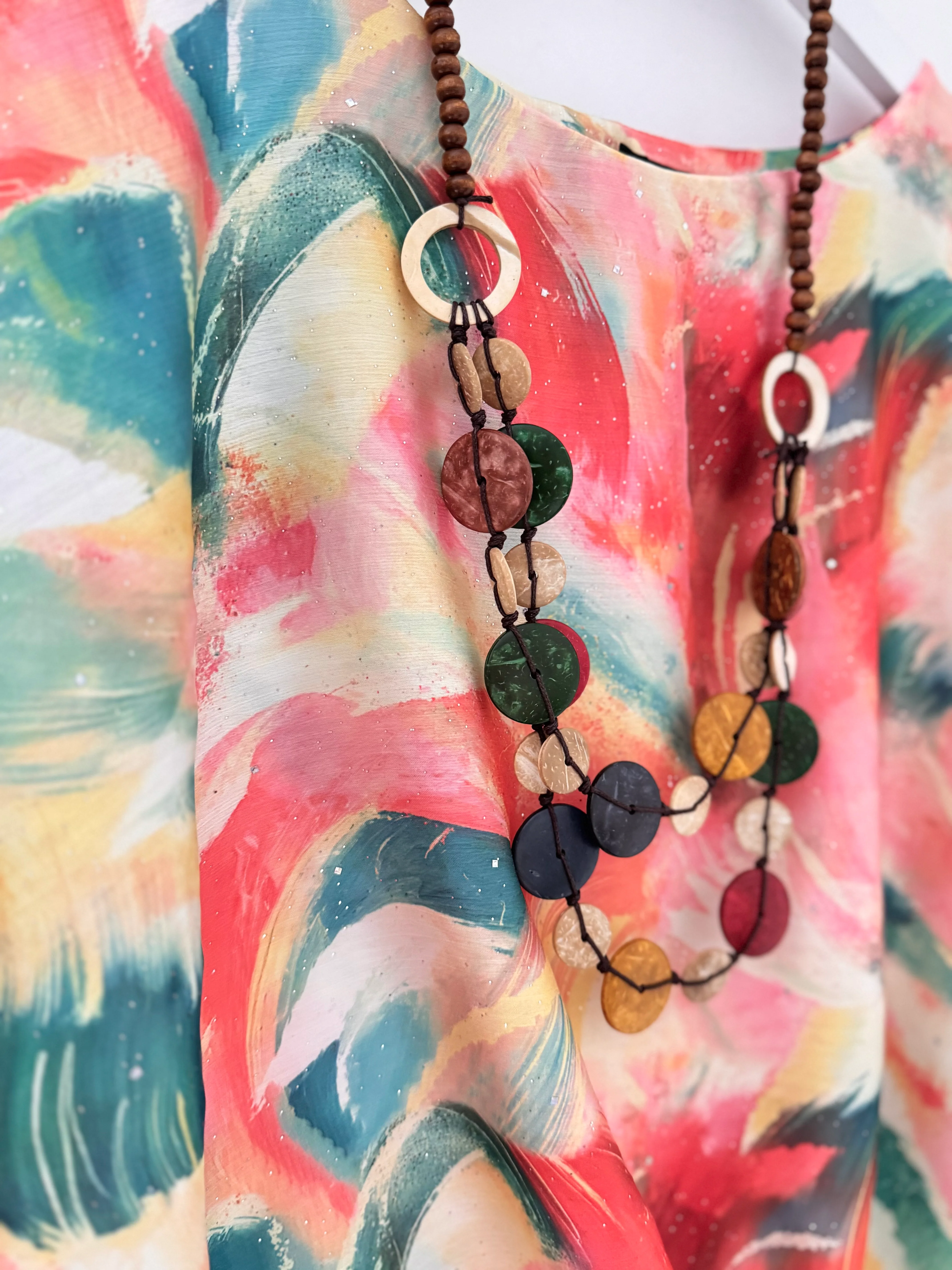 Silky Top with Necklace in Coral & Green - Image 9