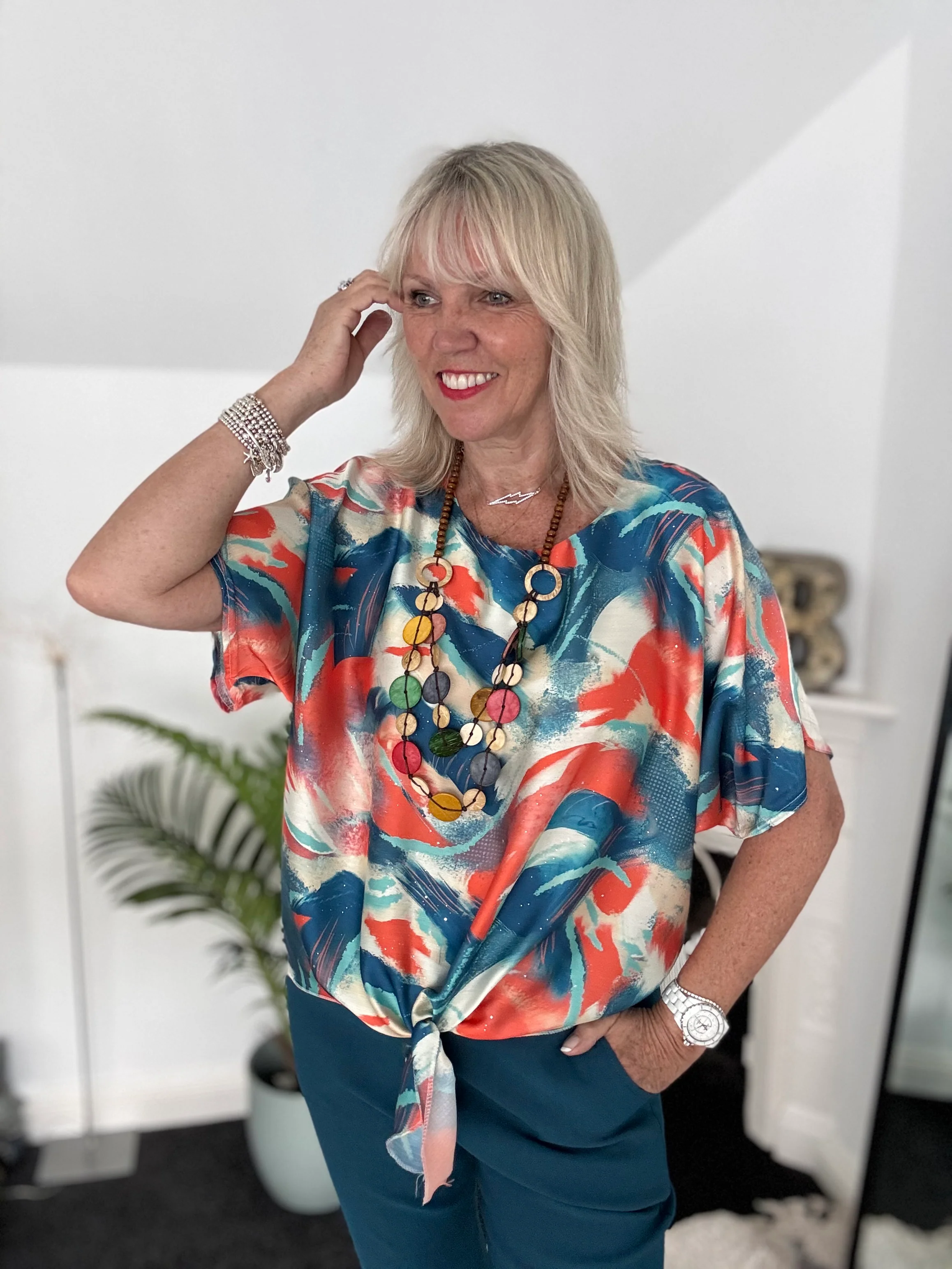 Silky Top with Necklace in Orange & Teal