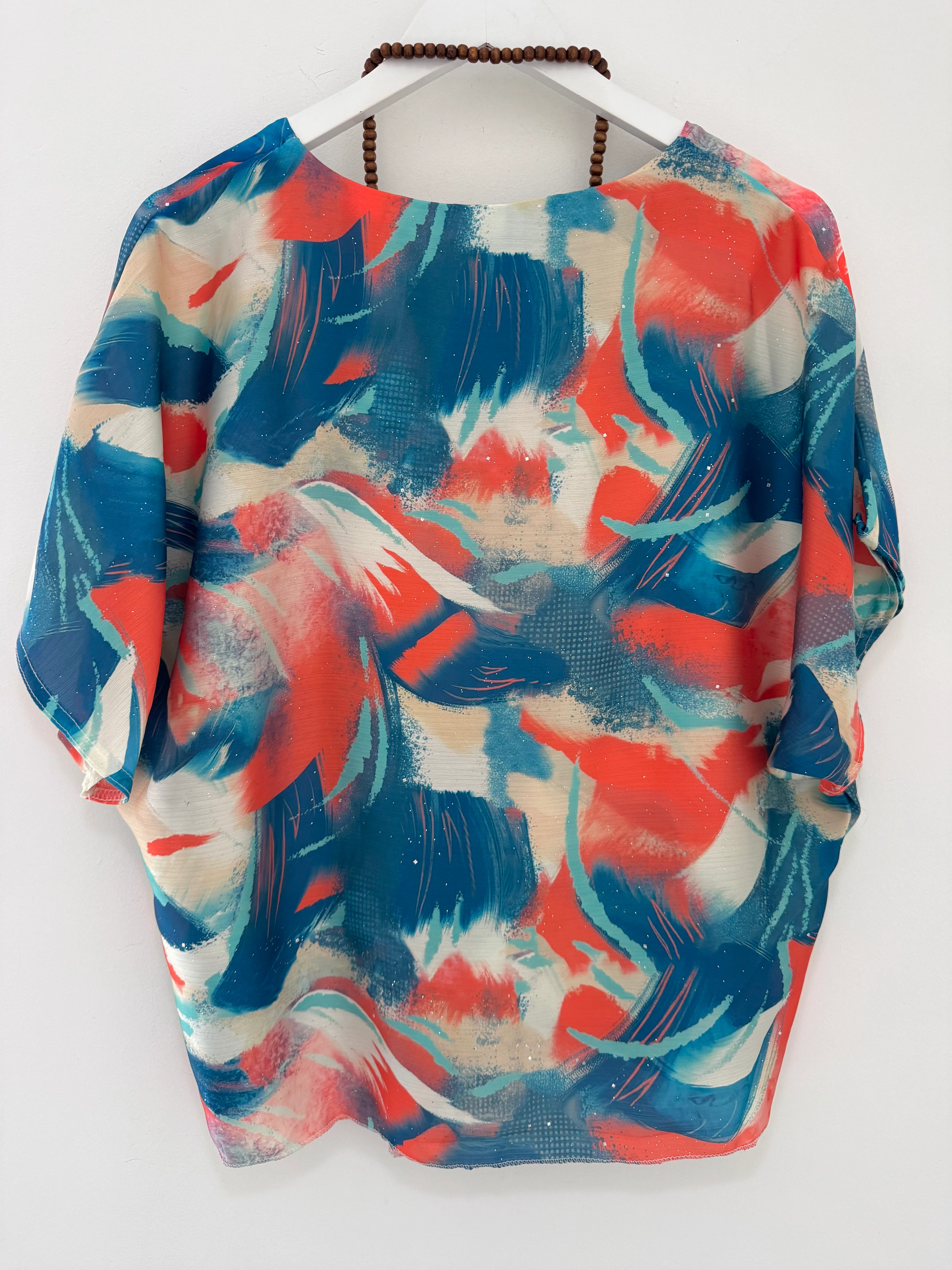 Silky Top with Necklace in Orange & Teal - Image 10