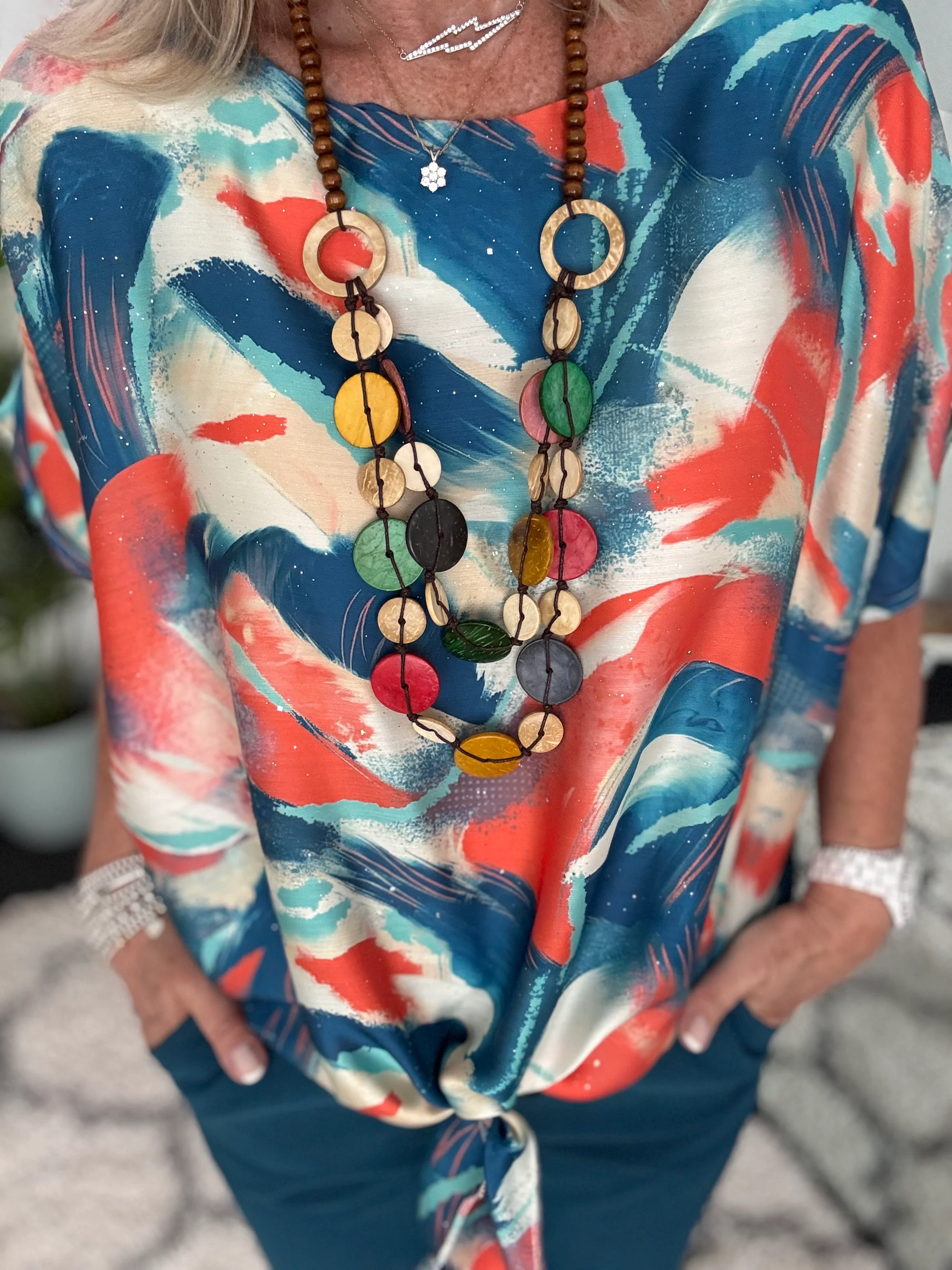 Silky Top with Necklace in Orange & Teal - Image 2