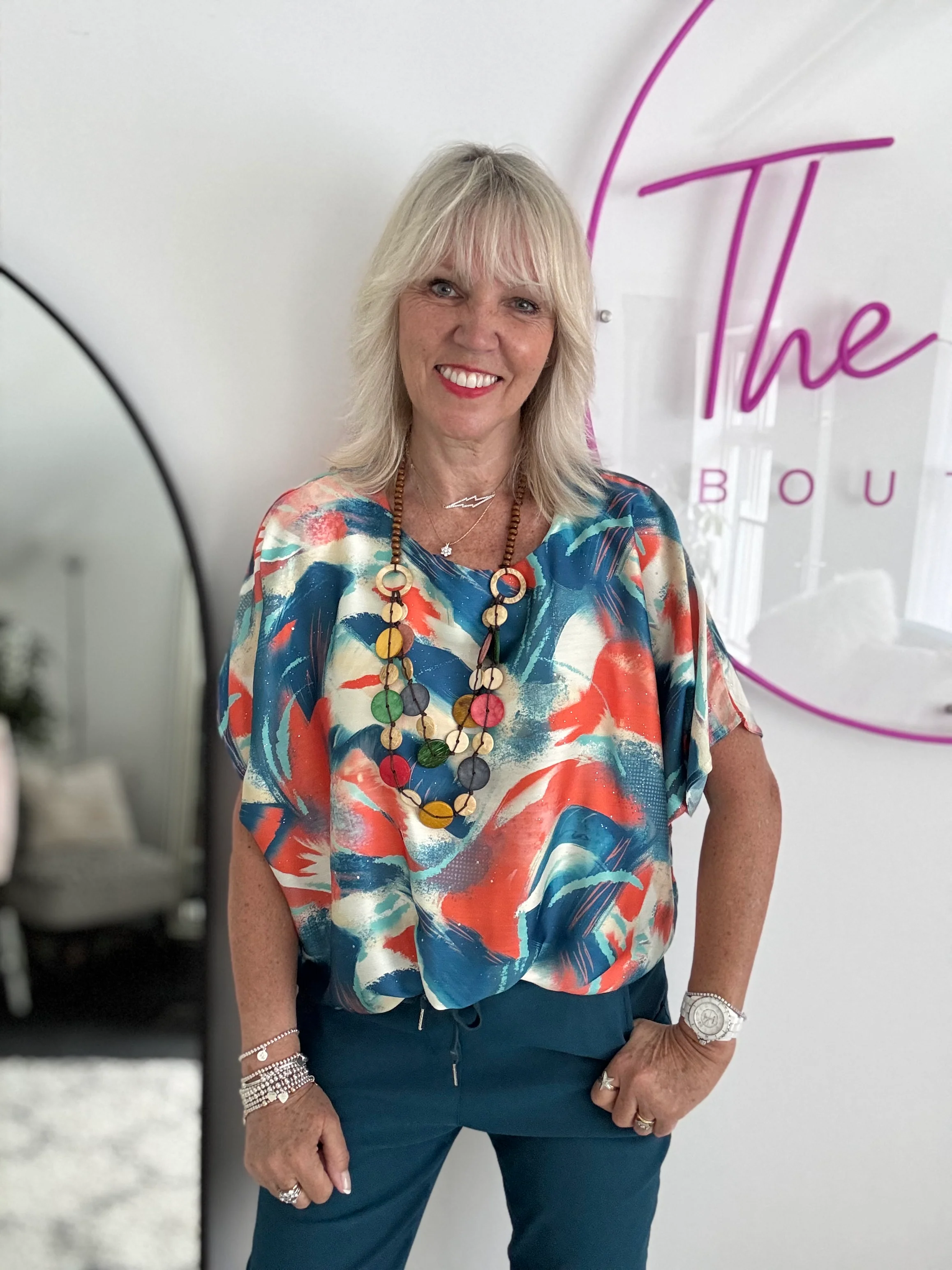Silky Top with Necklace in Orange & Teal - Image 3