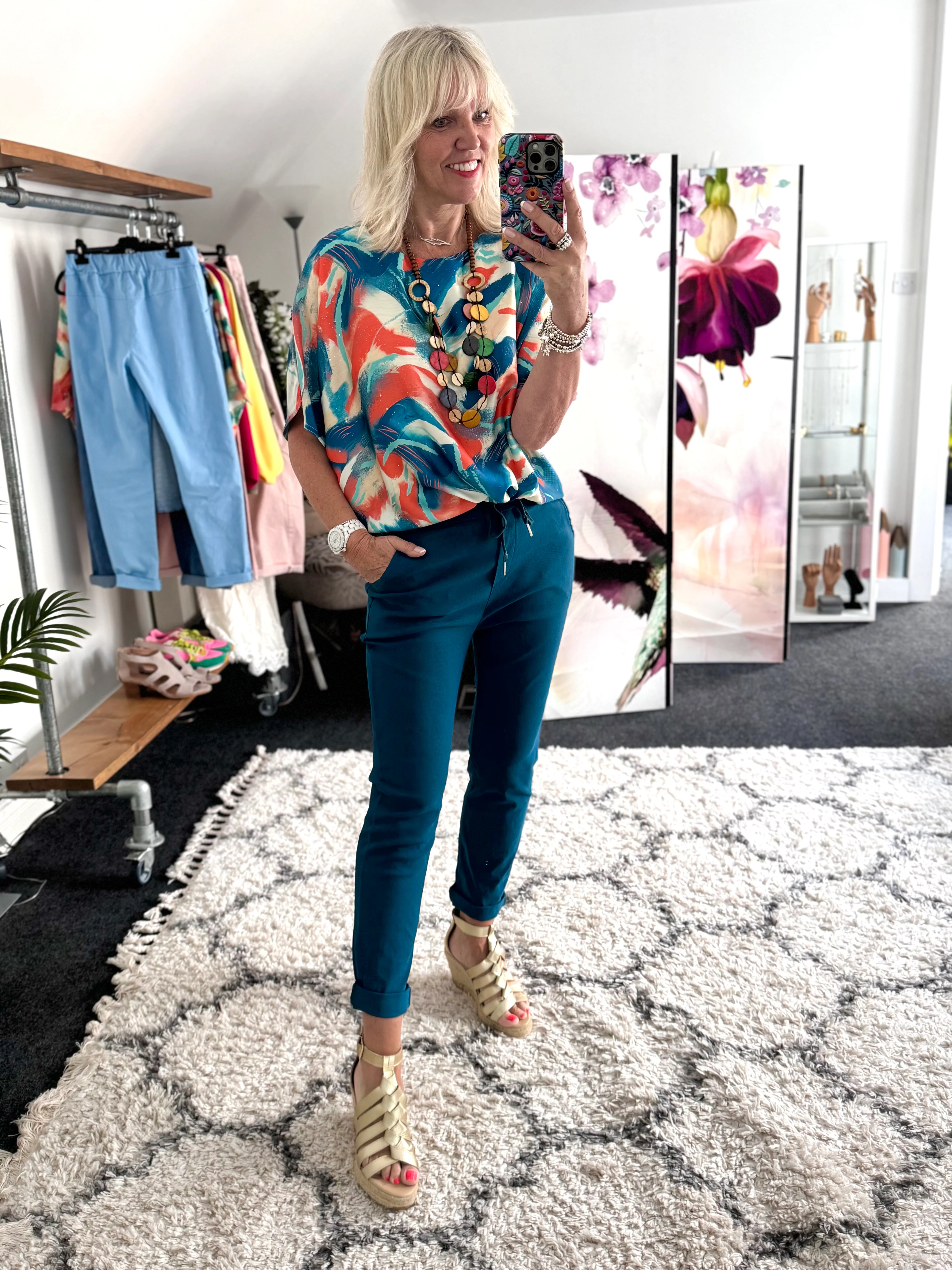 Silky Top with Necklace in Orange & Teal - Image 4