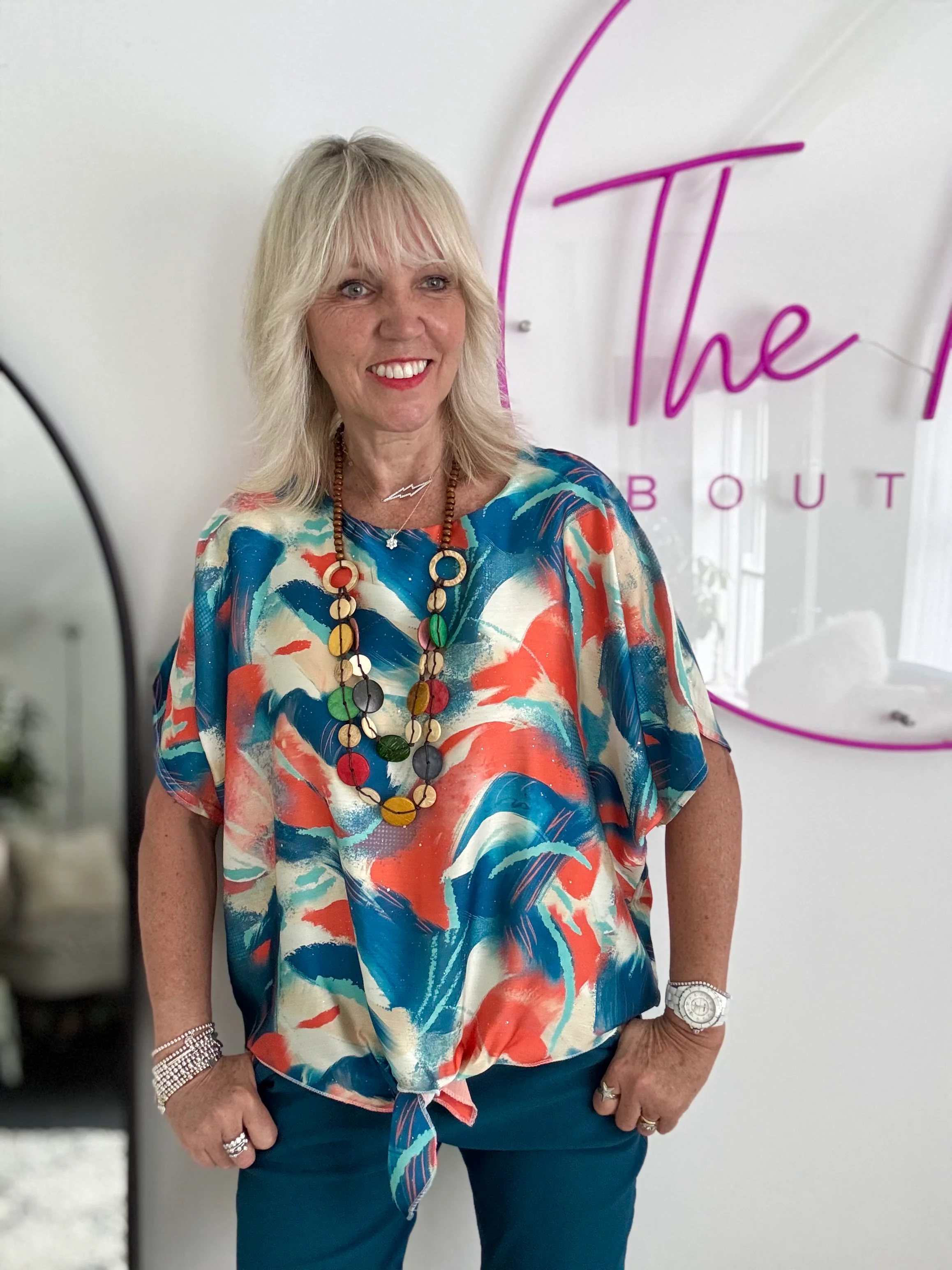 Silky Top with Necklace in Orange & Teal - Image 5