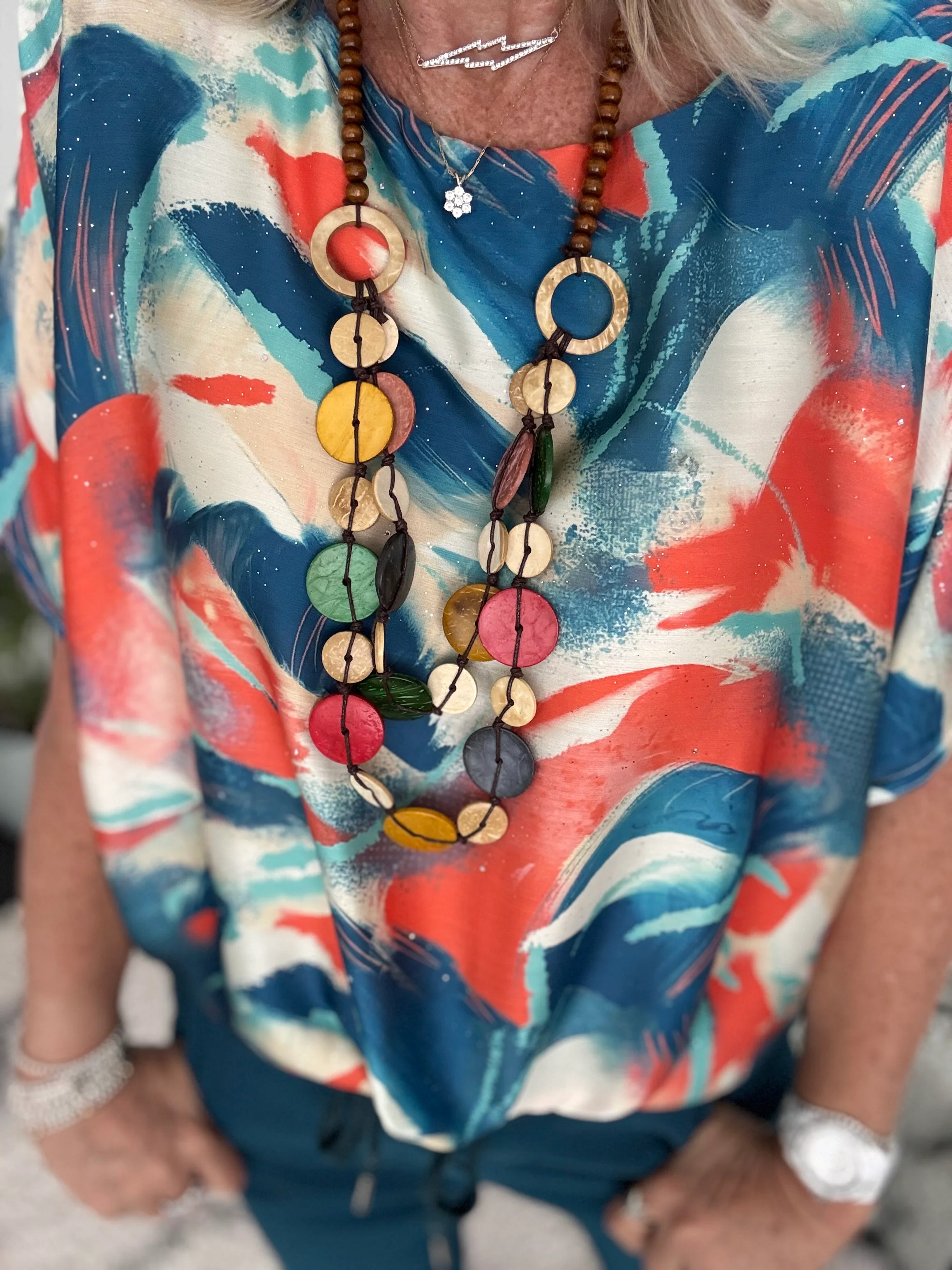 Silky Top with Necklace in Orange & Teal - Image 6