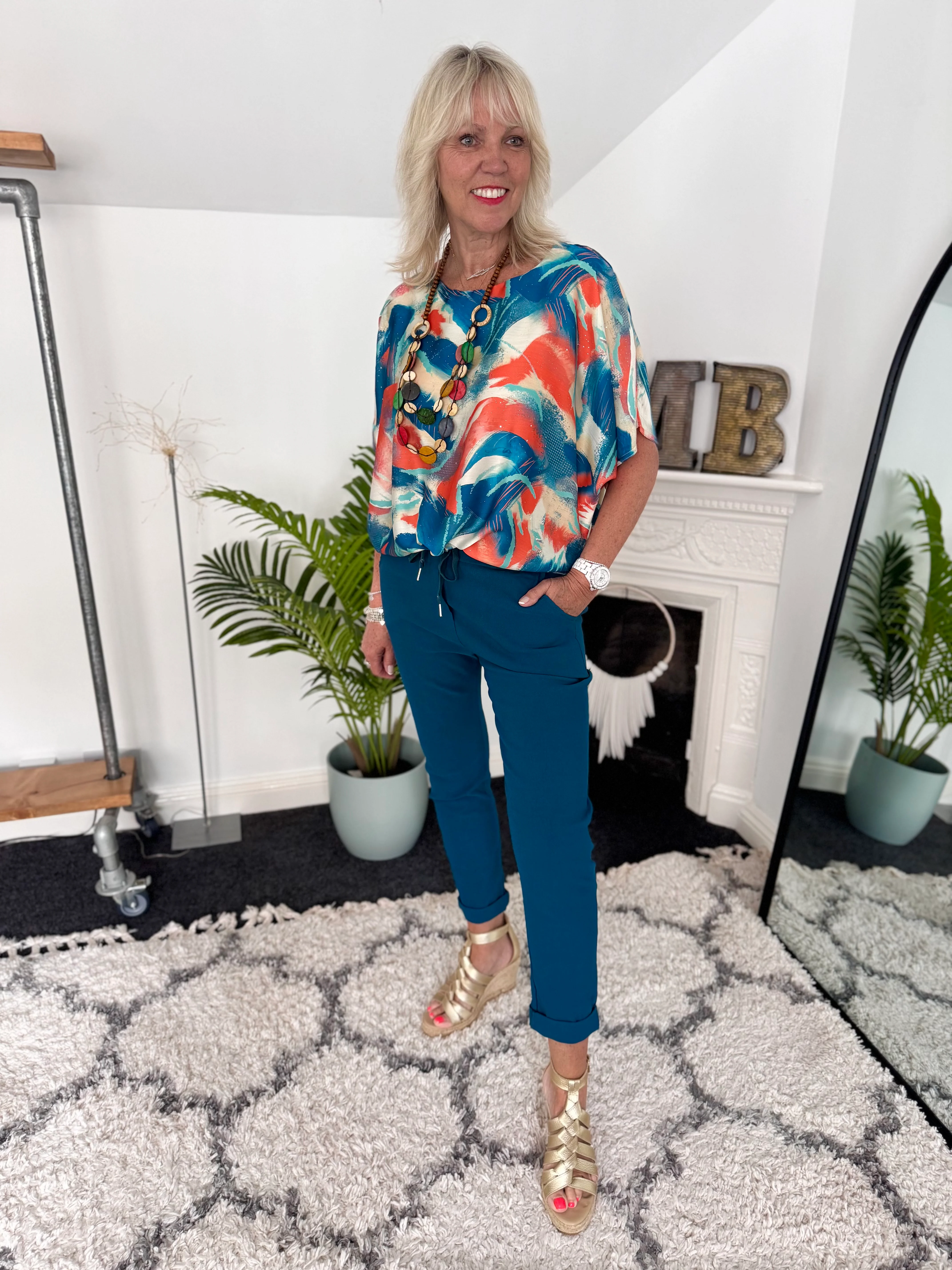 Silky Top with Necklace in Orange & Teal - Image 7