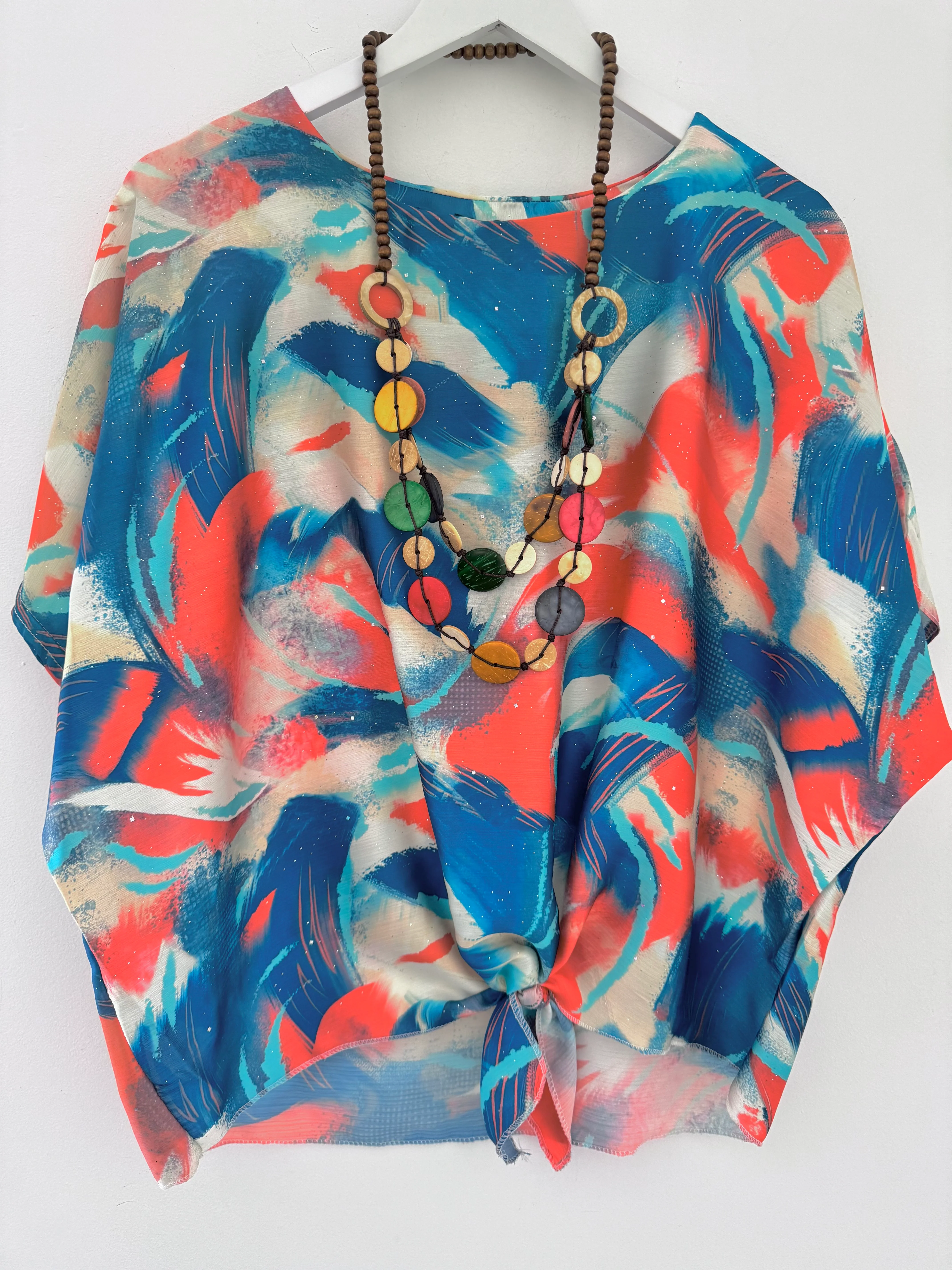 Silky Top with Necklace in Orange & Teal - Image 8