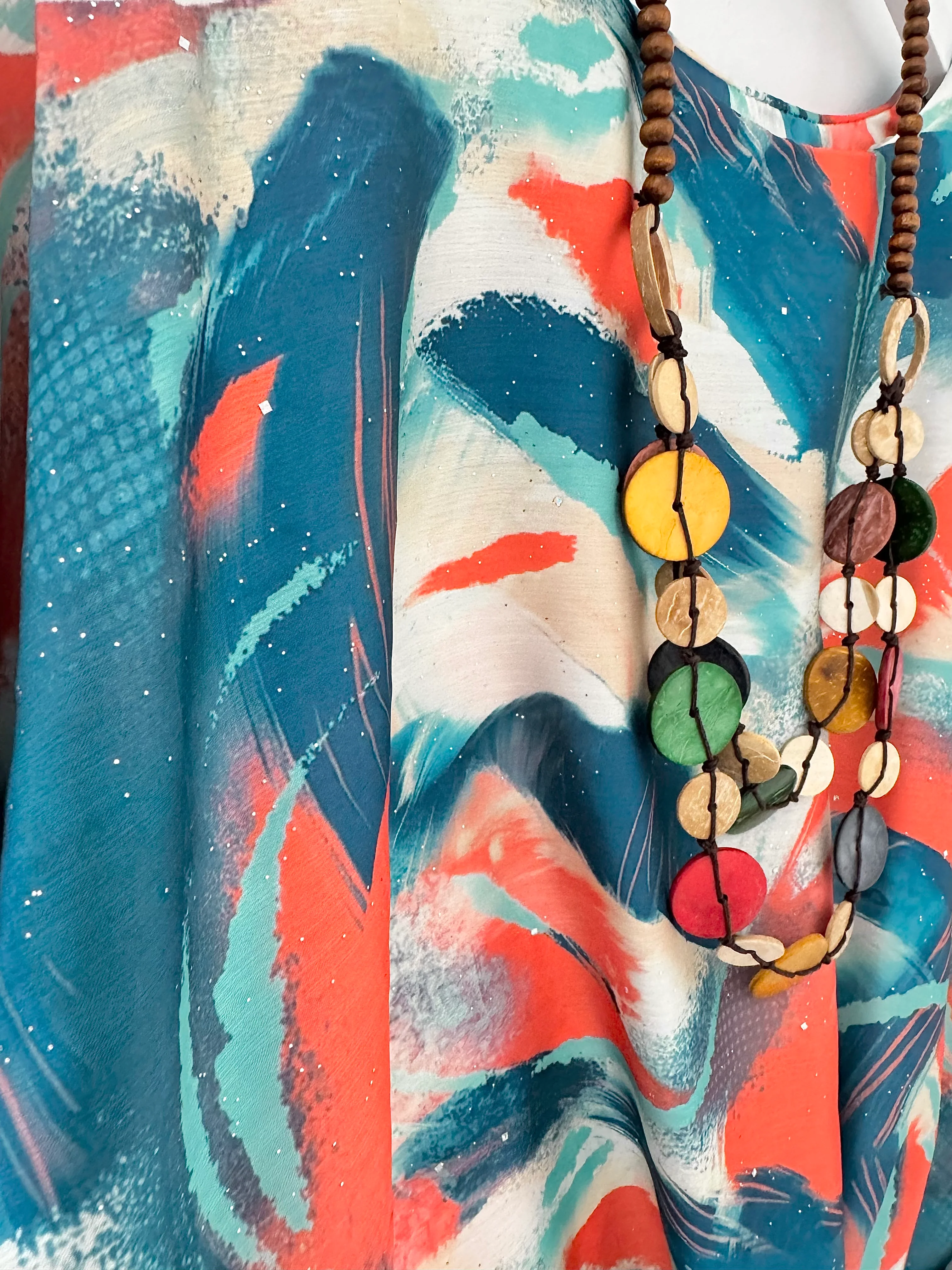 Silky Top with Necklace in Orange & Teal - Image 9