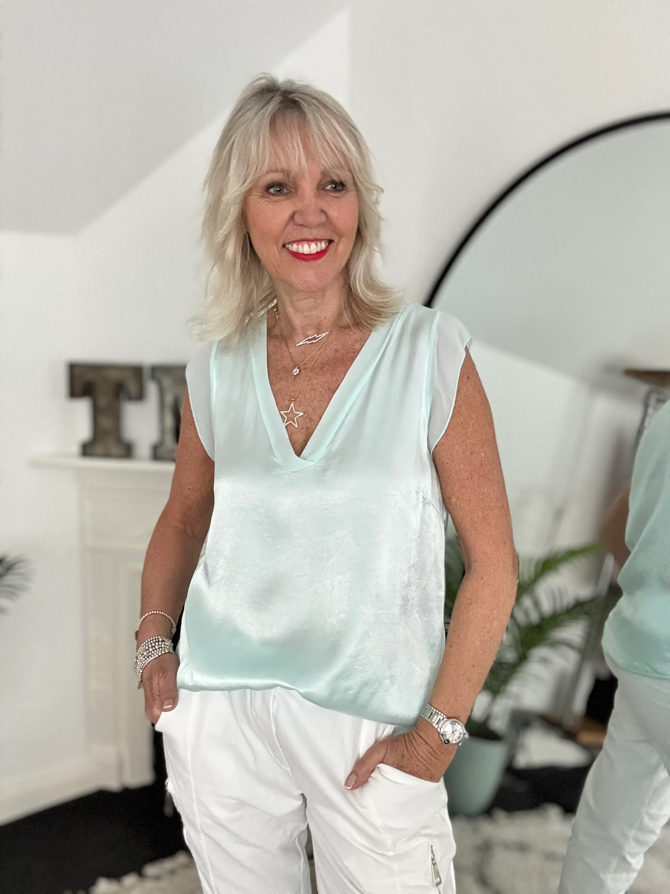Silky V Neck Tank in Aqua - Image 3
