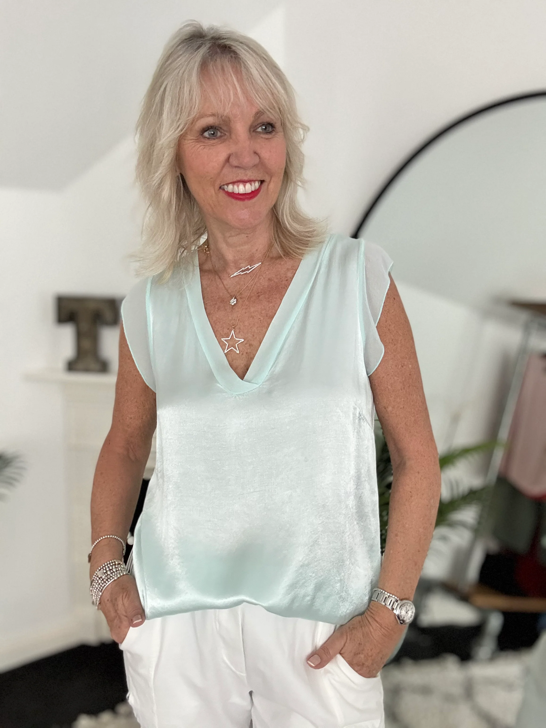 Silky V Neck Tank in Aqua - Image 4