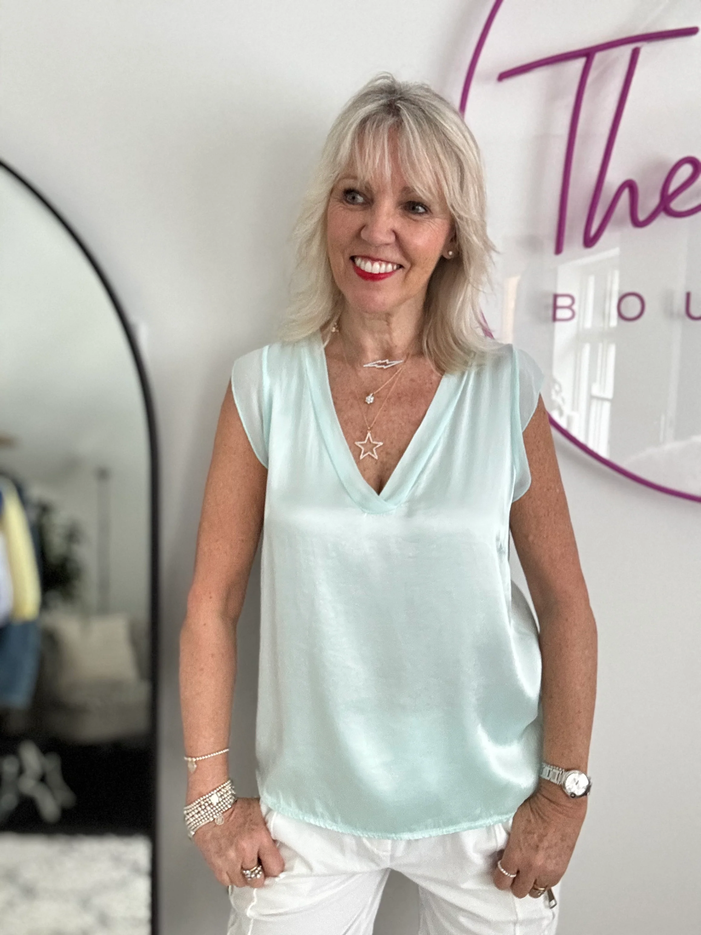 Silky V Neck Tank in Aqua - Image 5