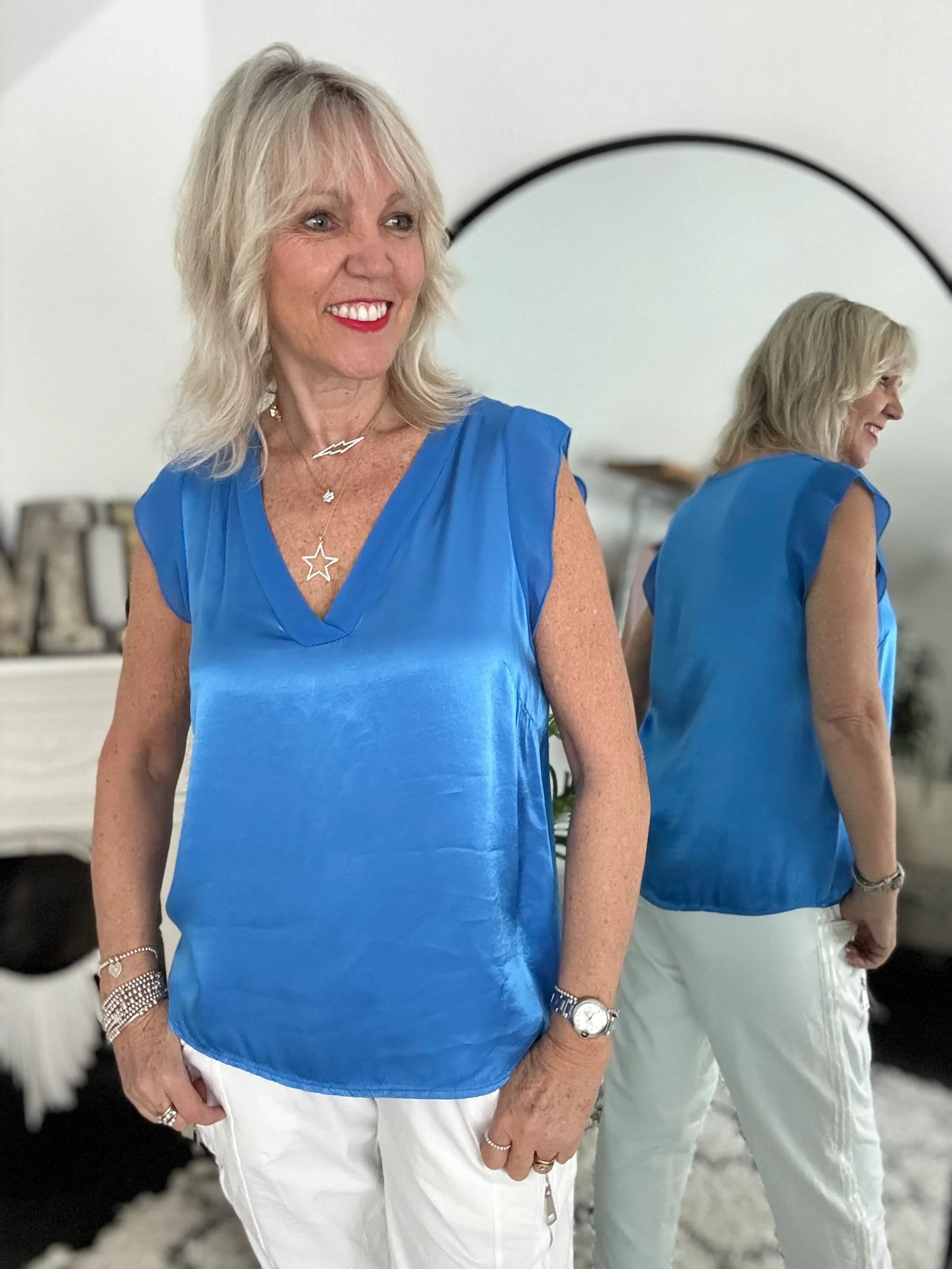 Silky V Neck Tank in Blue - Image 4
