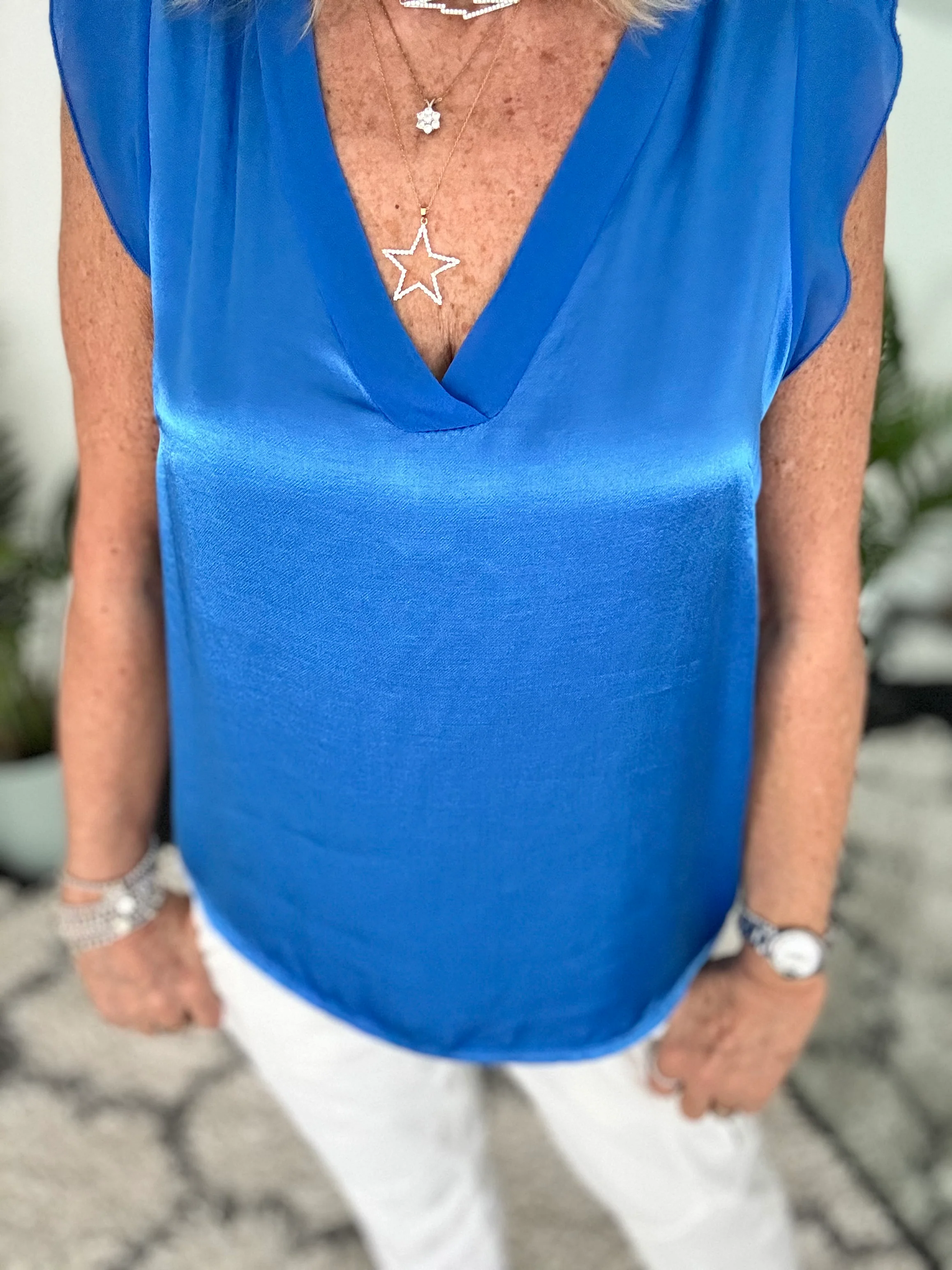 Silky V Neck Tank in Blue - Image 6