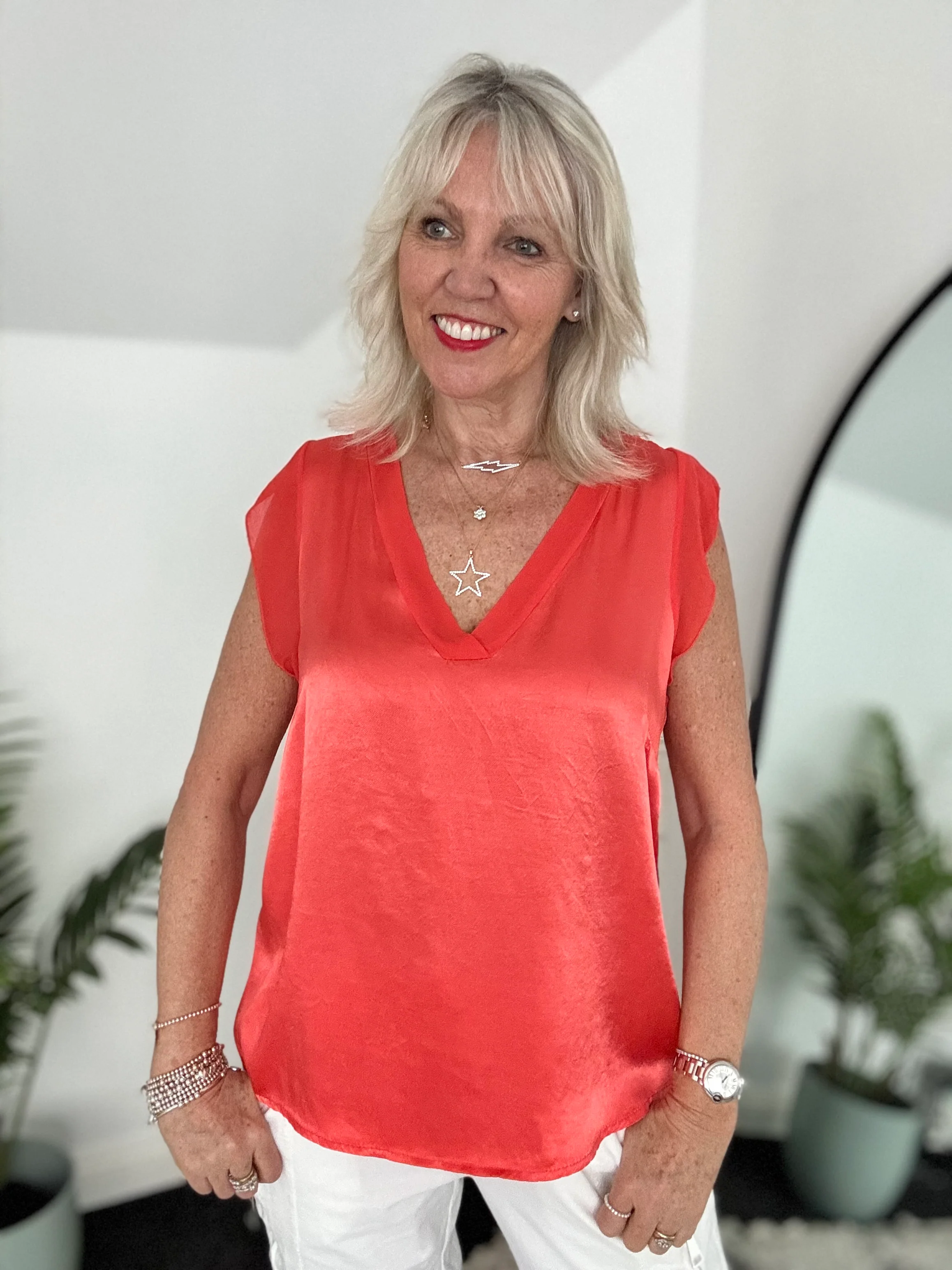 Silky V Neck Tank in Coral - Image 4