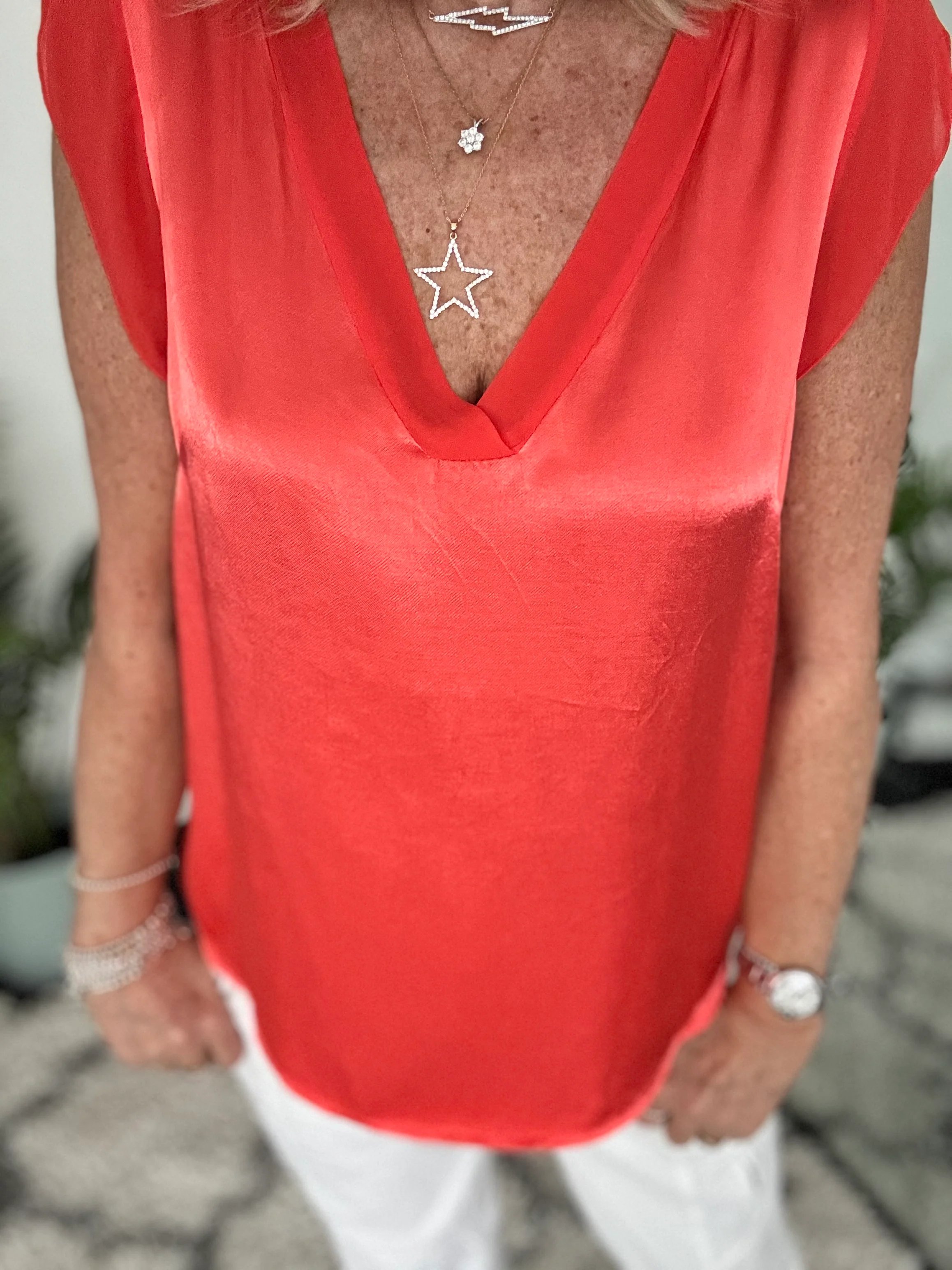 Silky V Neck Tank in Coral - Image 5