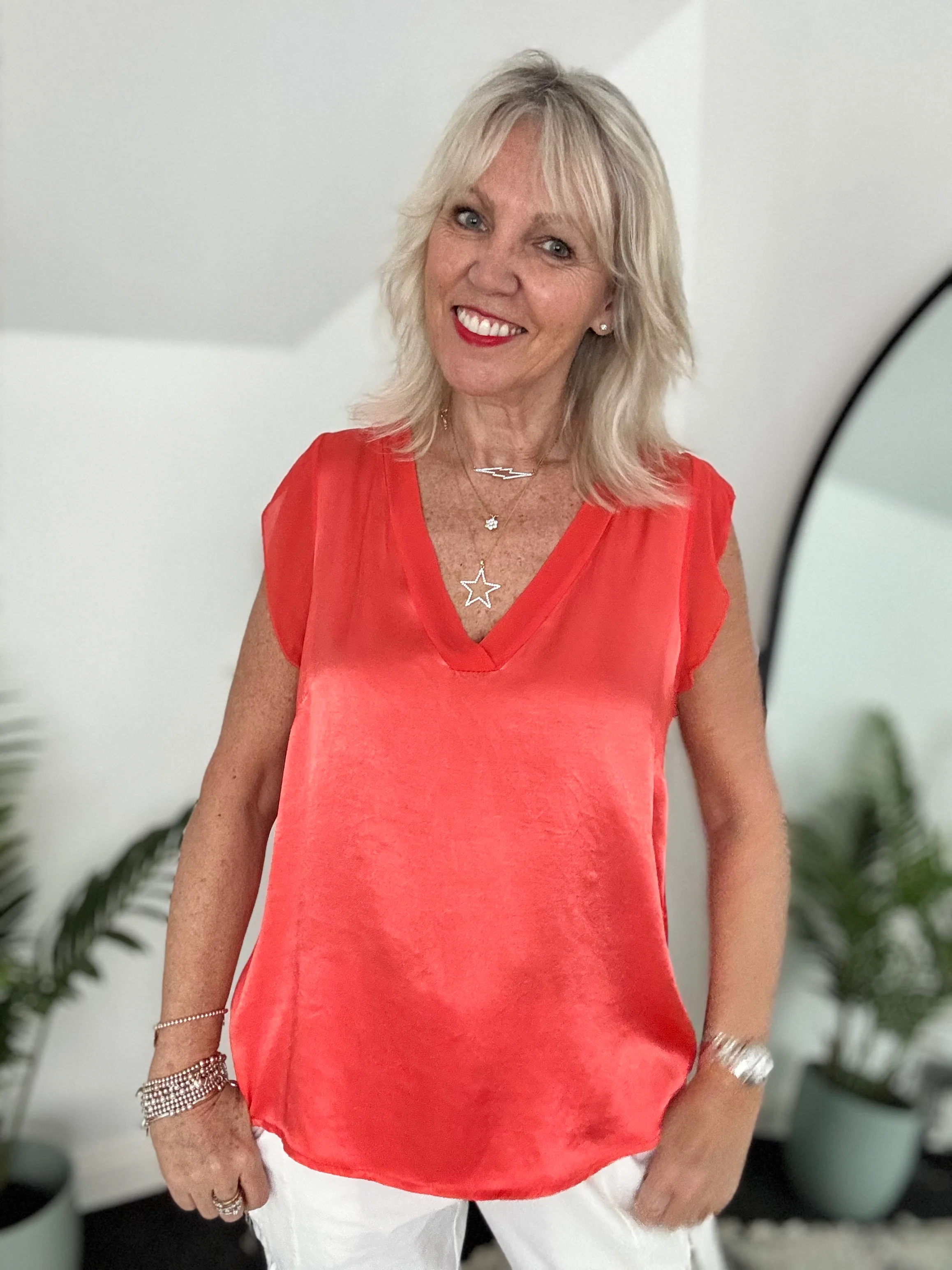 Silky V Neck Tank in Coral - Image 6