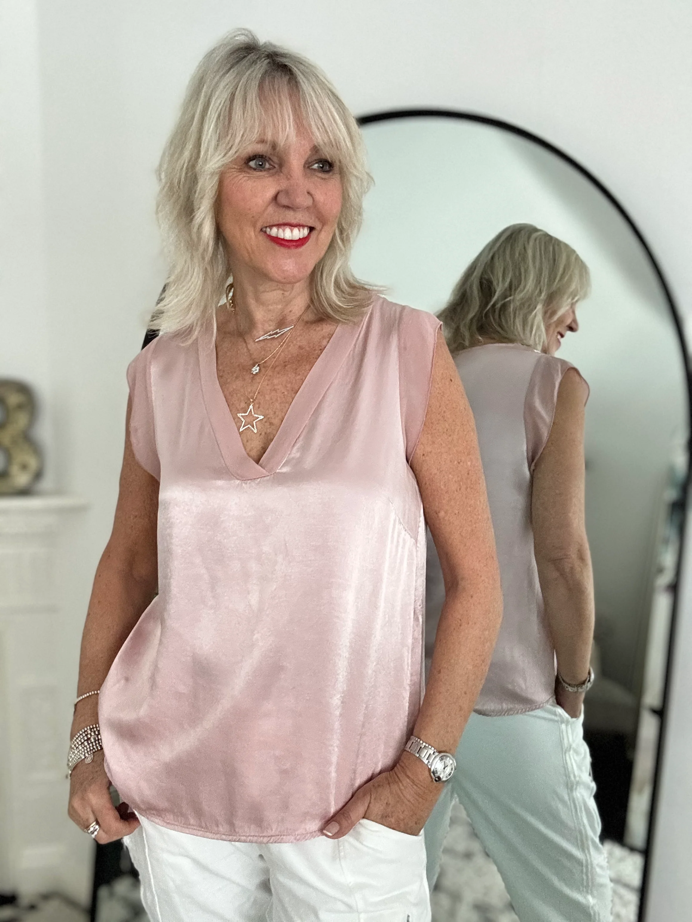 Silky V Neck Tank in Pink - Image 3