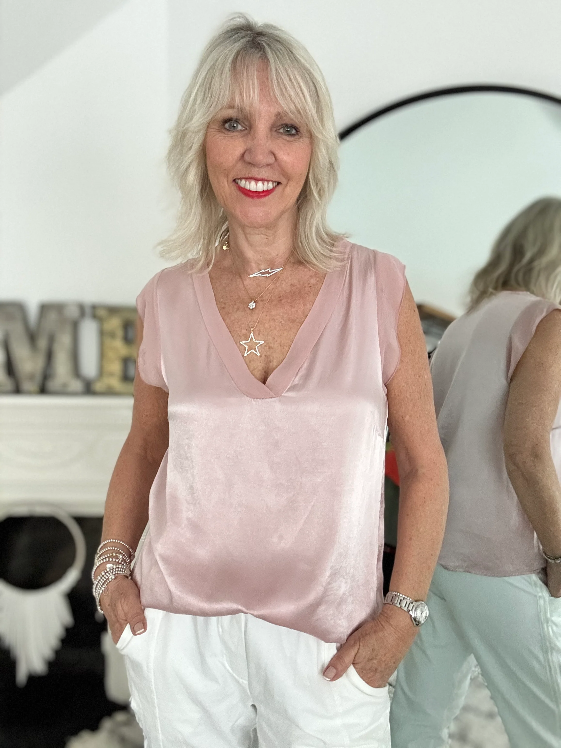 Silky V Neck Tank in Pink - Image 5