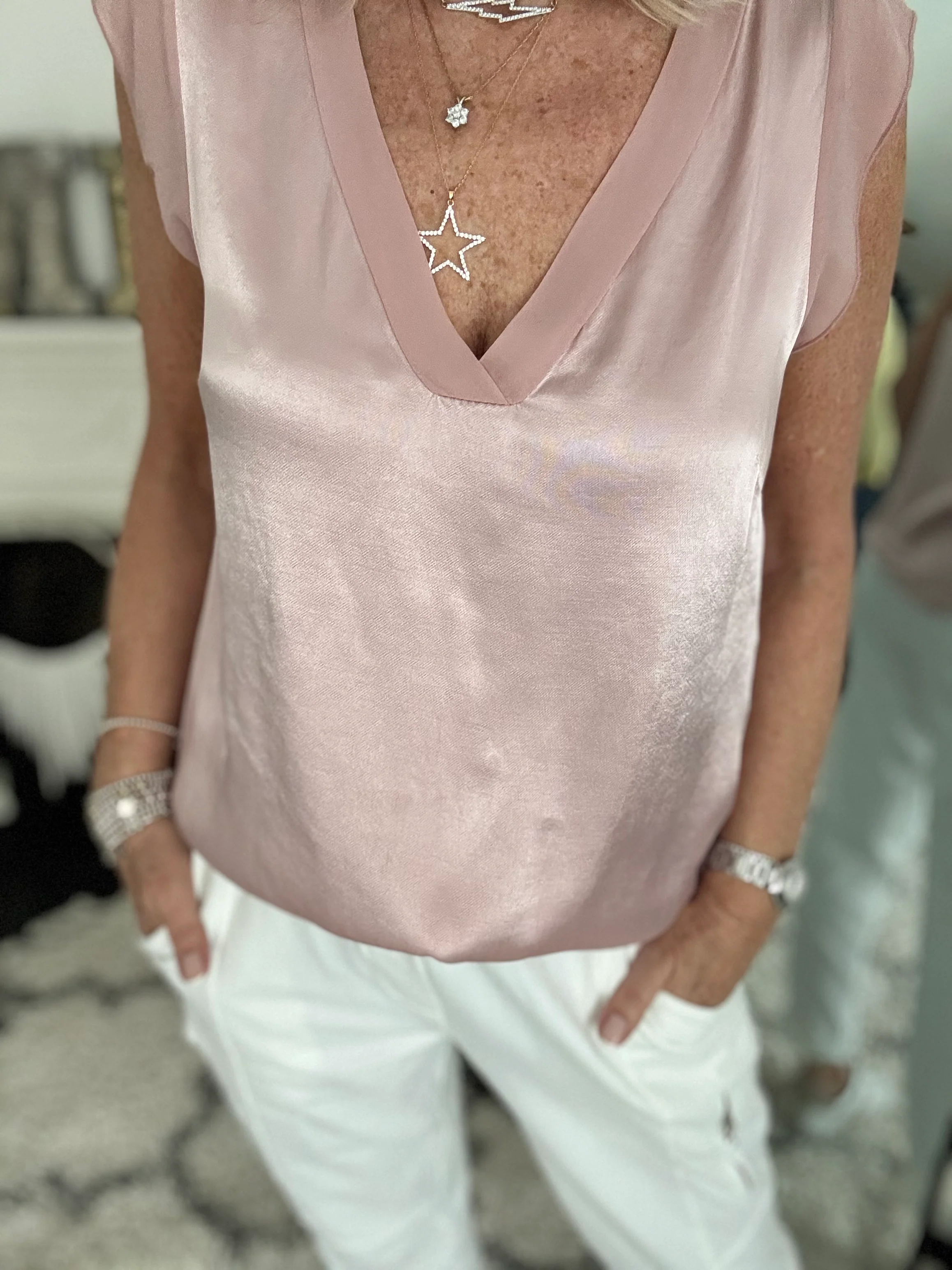 Silky V Neck Tank in Pink - Image 7