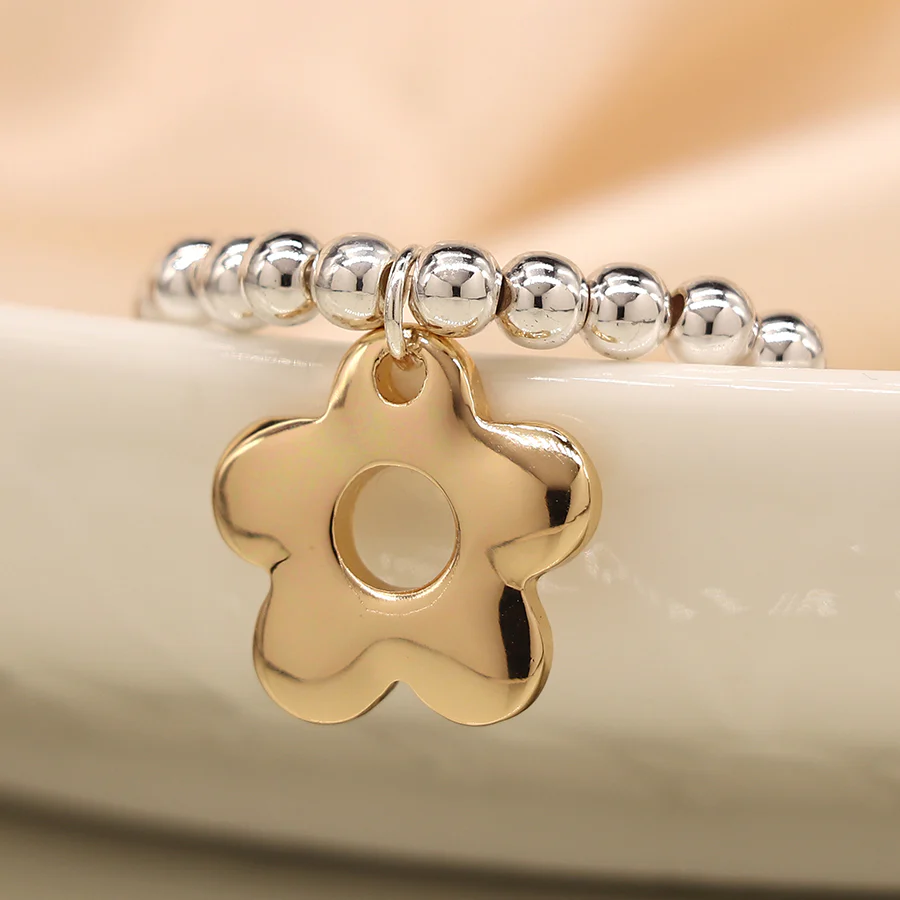 Silver Bead Bracelet with Gold Daisy - Image 3