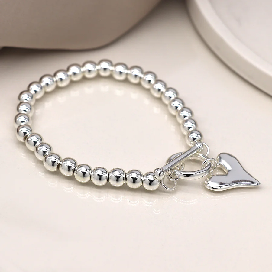 Silver Bead T-Bar & Heart Charm Stretch Bracelet - Image 2