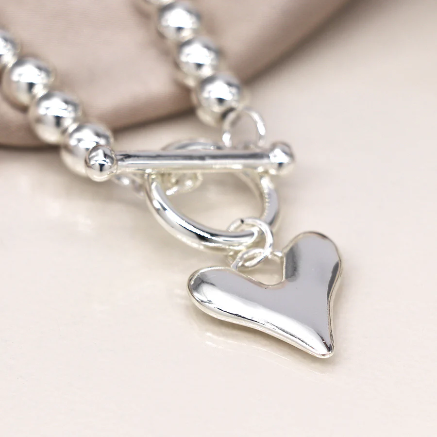 Silver Bead T-Bar & Heart Charm Stretch Bracelet - Image 3