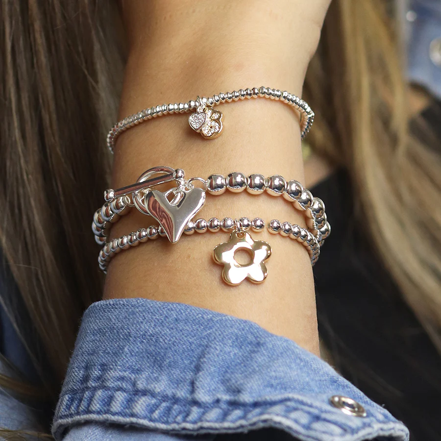 Silver Bead T-Bar & Heart Charm Stretch Bracelet - Image 4
