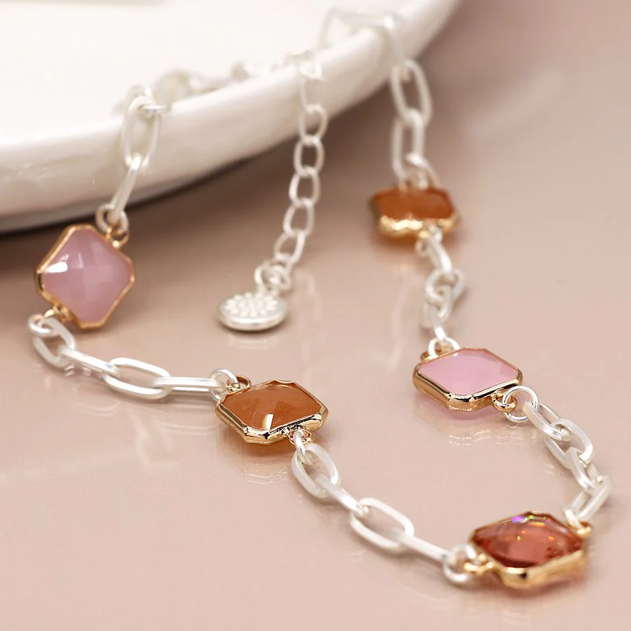 Silver Paperlink Necklace with Pink Crystals - Image 4