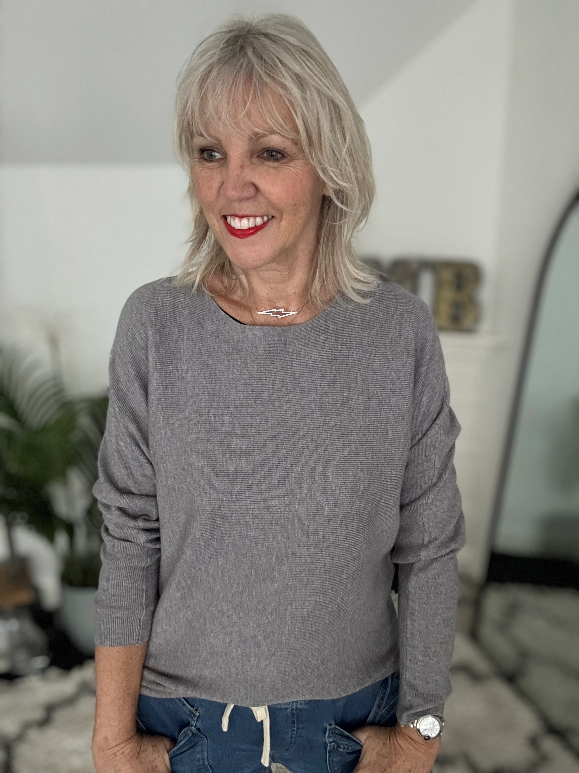 Simple Ribbed Jumper in Grey - Image 3