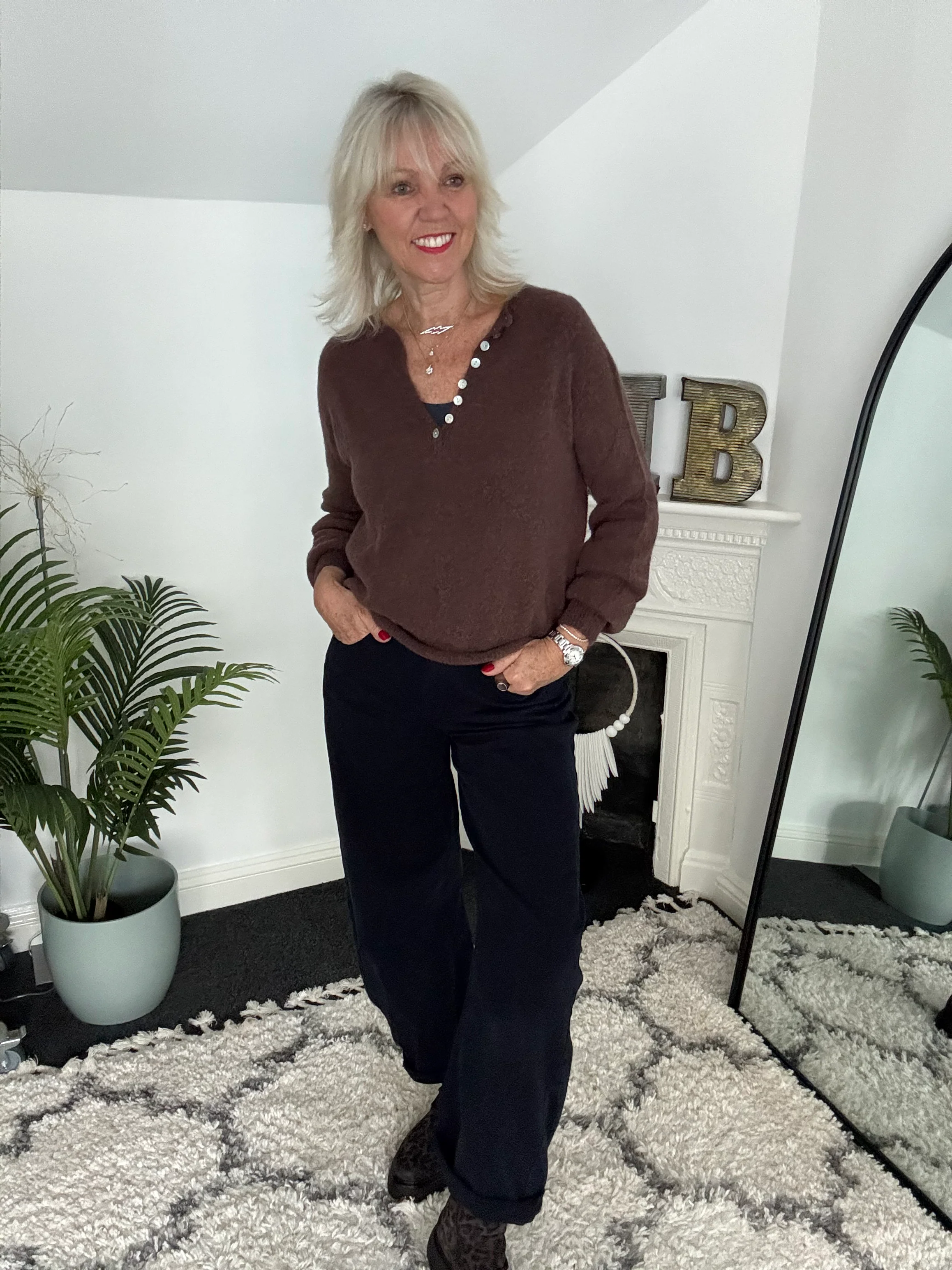 Softie Jumper with Button Neck in Chocolate - Image 3