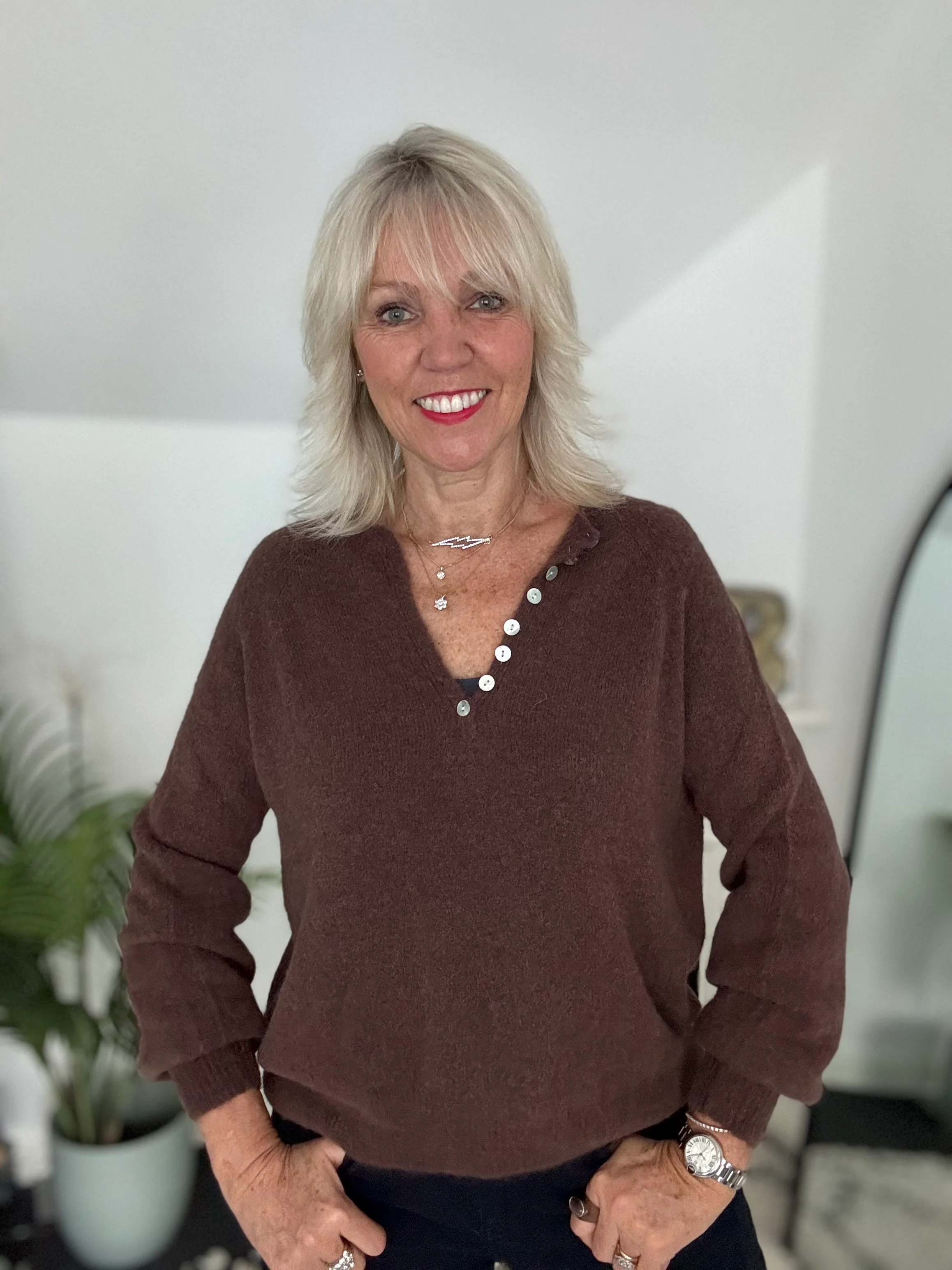 Softie Jumper with Button Neck in Chocolate - Image 4
