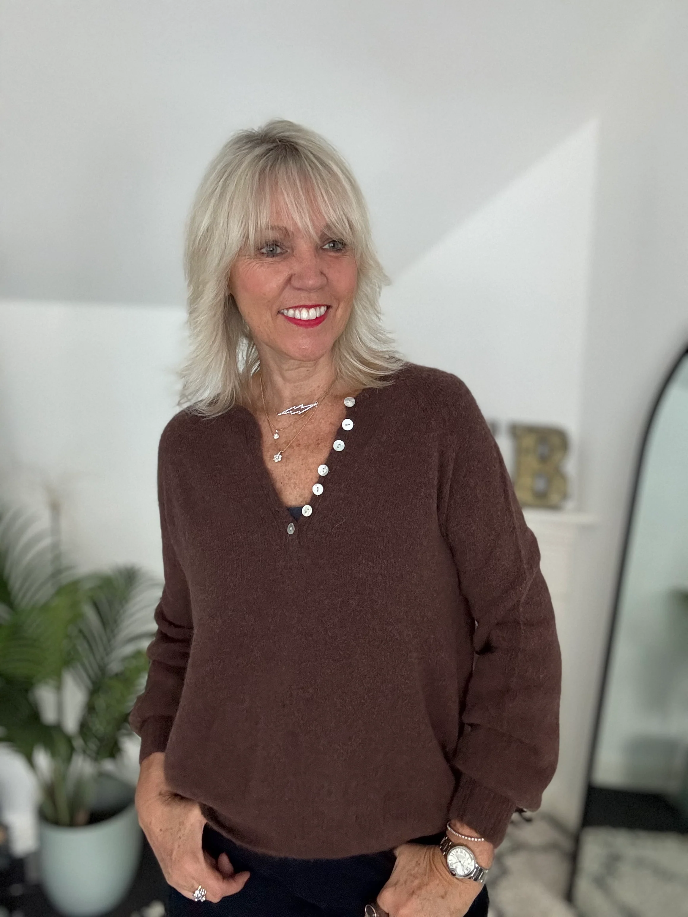Softie Jumper with Button Neck in Chocolate - Image 5