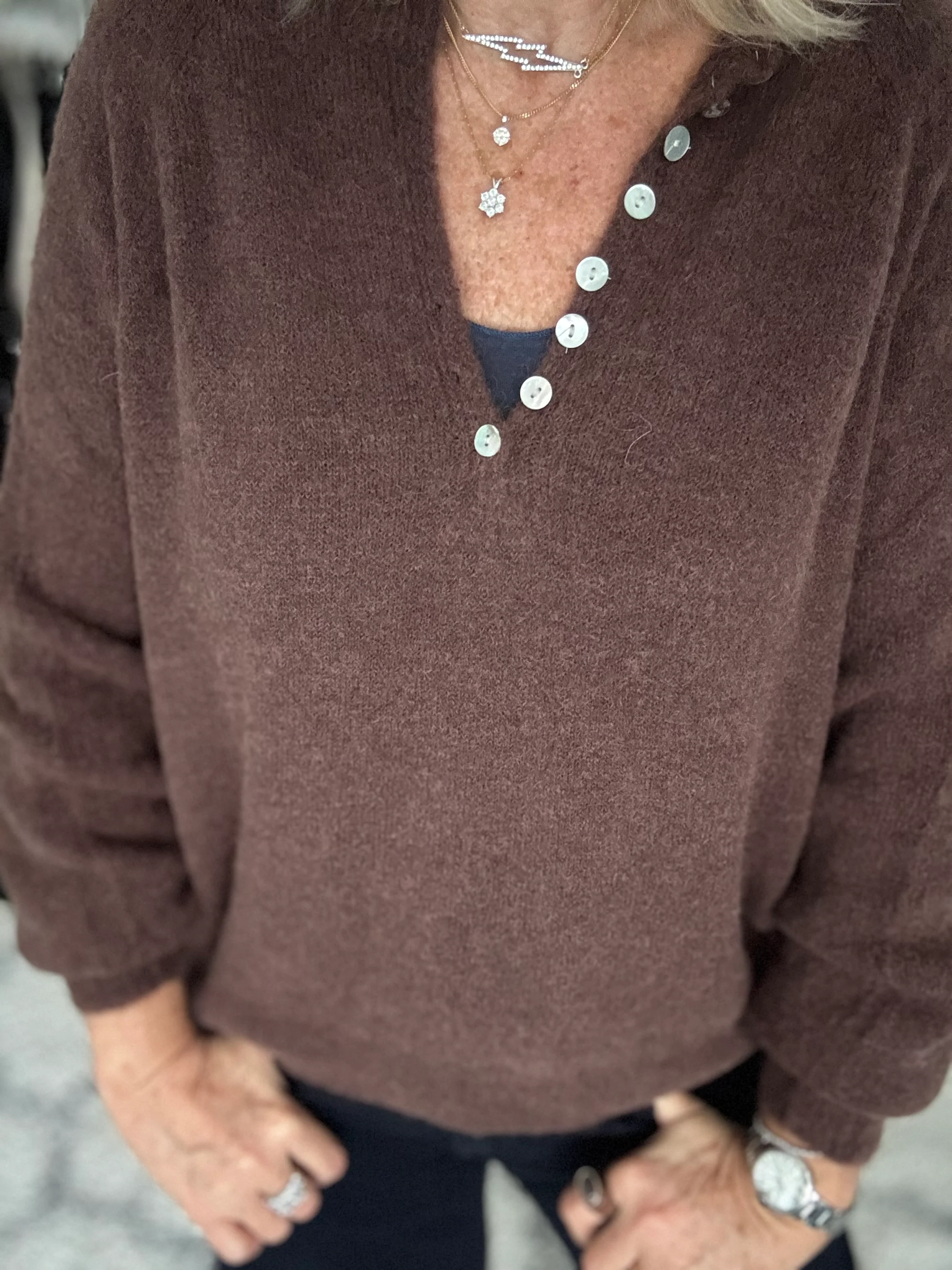 Softie Jumper with Button Neck in Chocolate - Image 6