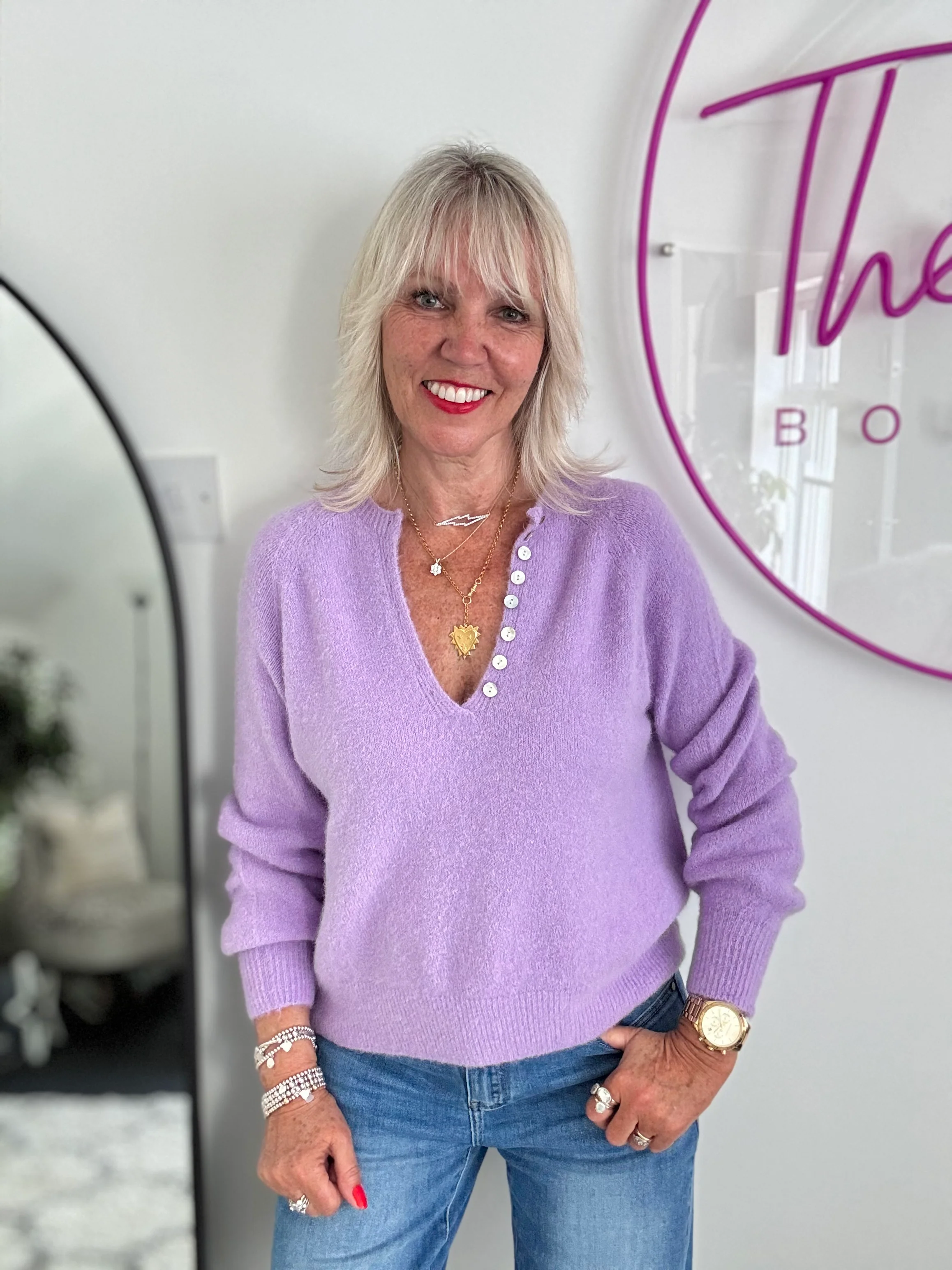 Softie Jumper with Button Neck in Lilac